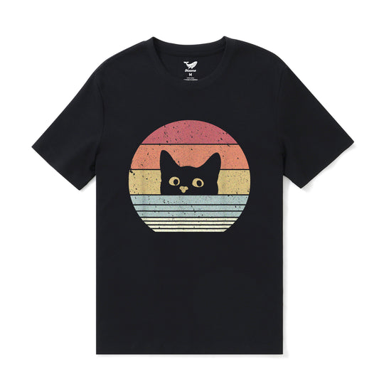 Hawaiian Tee For Men Retro Cute Cat Tee Crew Neck 100% Cotton - BLACK Retro Cute Cat - Black