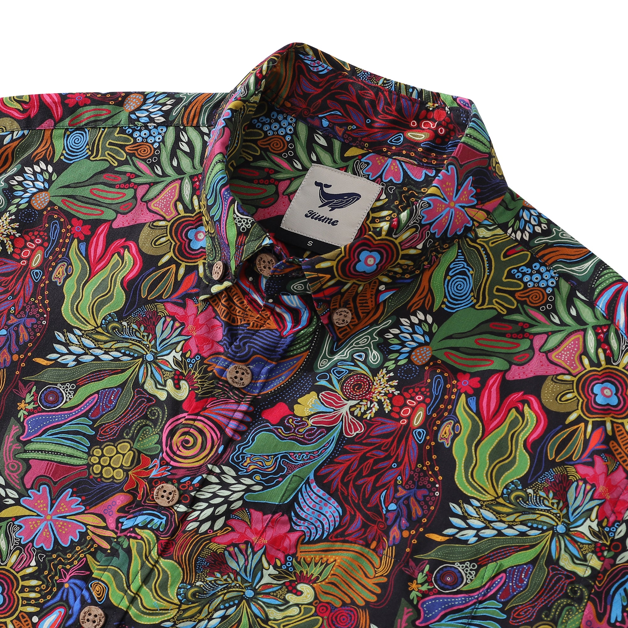 Chemise hawaïenne des années 1950 pour hommes Josephine George Plants en coton, à boutons, à manches courtes et à motifs floraux.