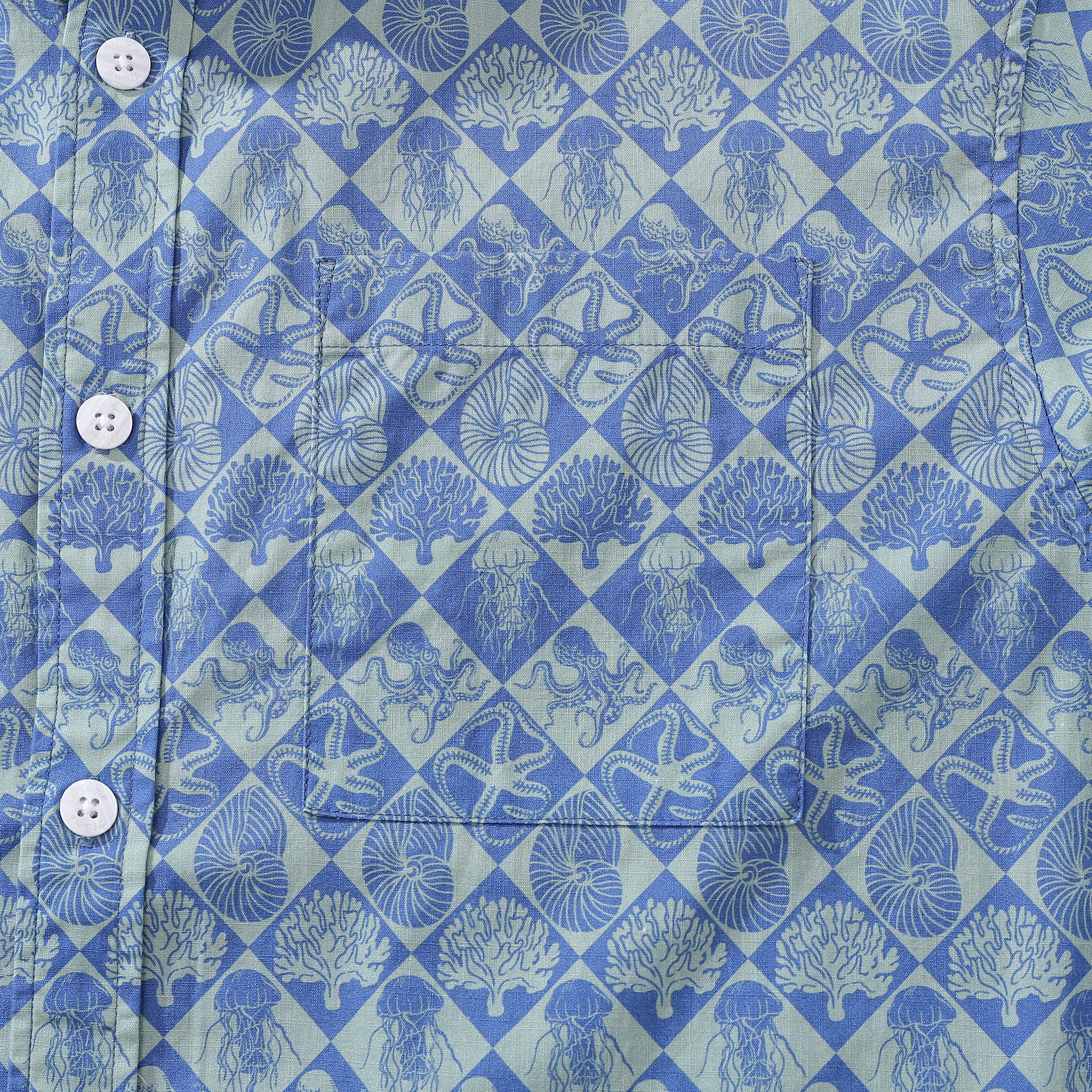Blue Hand Painted Specimen Print 100% Cotton Button-down Shirt