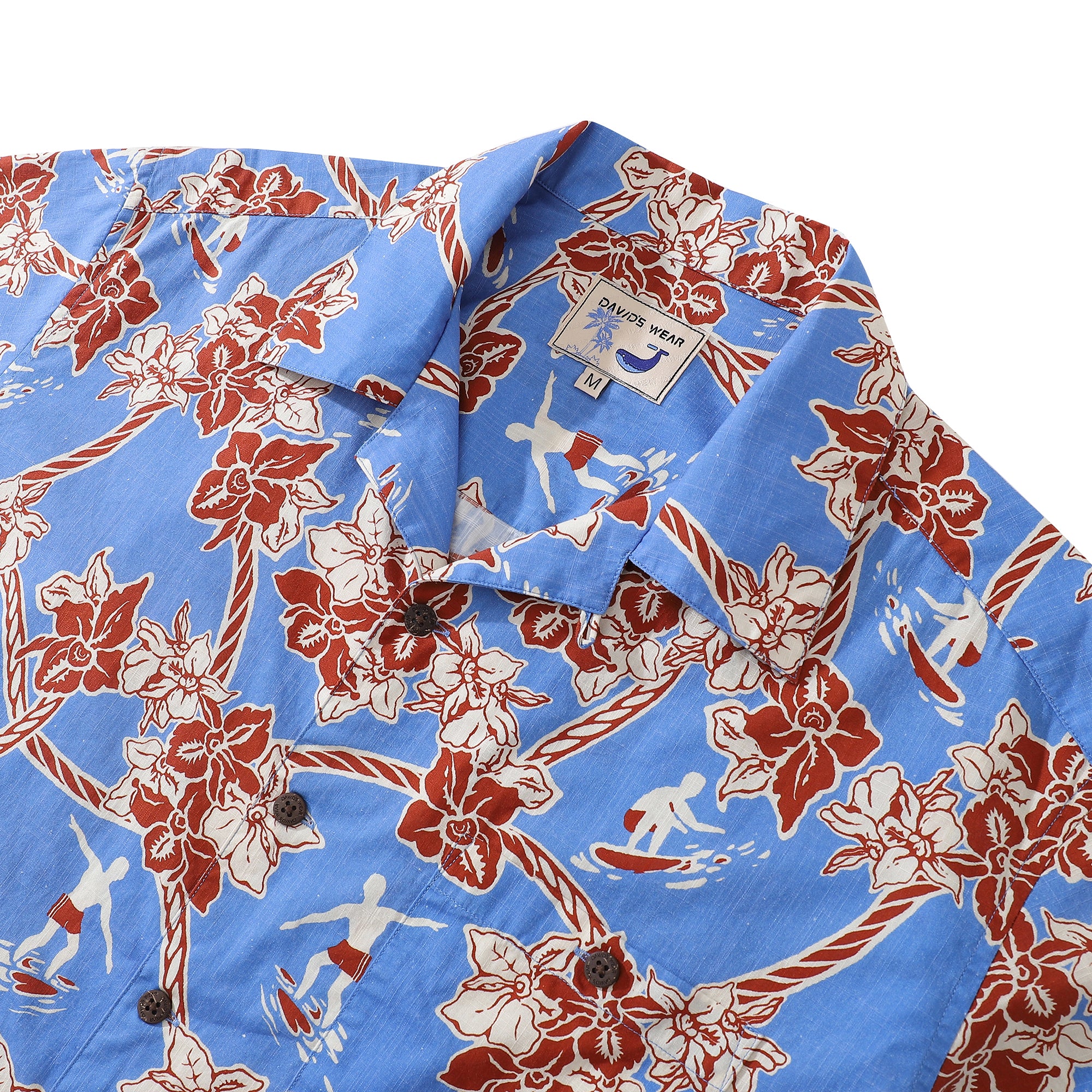 Hawaiian Shirts For Men Vintage Cotton Flower Wreath and Surfer Short Sleeve Aloha Shirt
