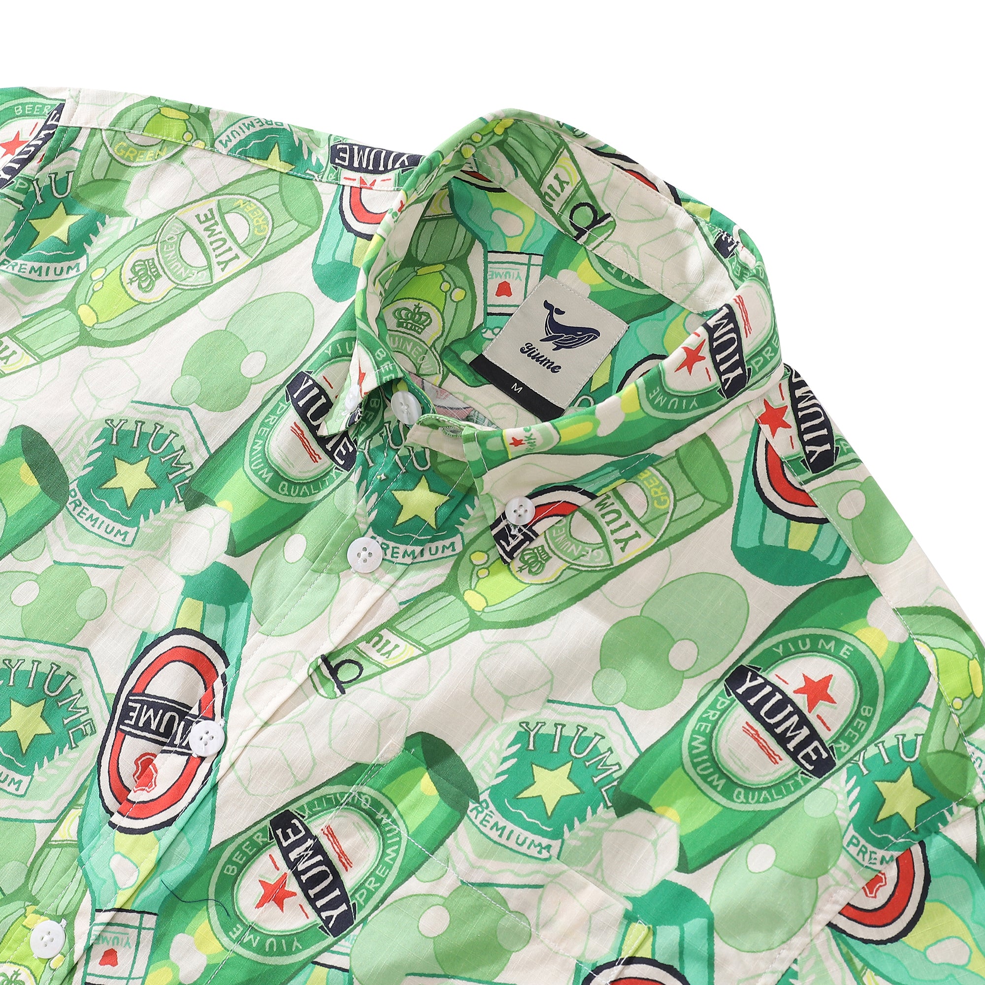 Men's Hawaiian Shirt Green Bubble Print Cotton Button-down Short Sleeve Aloha Shirt