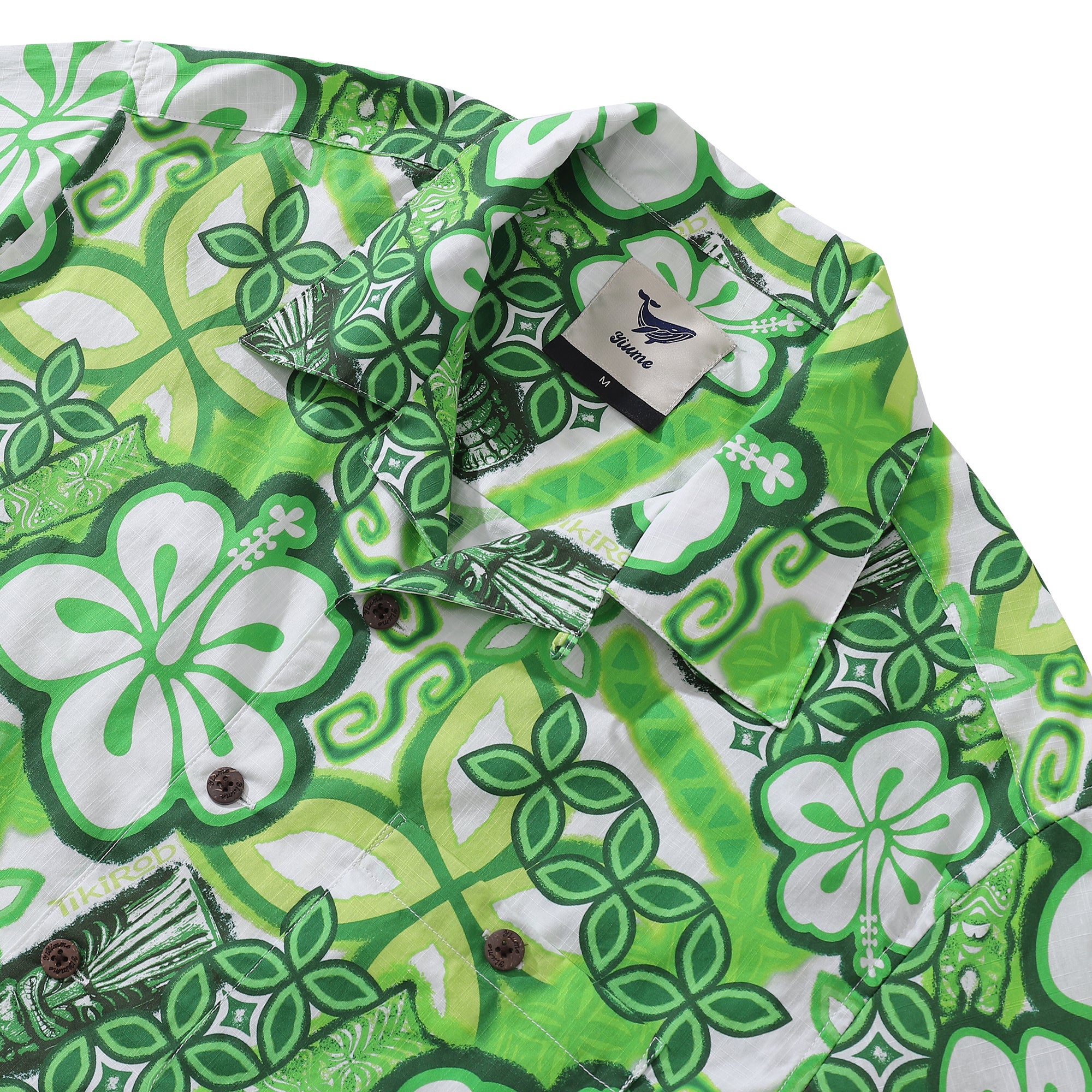 男性用アロハシャツ ティキロブ デザイナー シャツ トーテム 綿 100% - グリーン