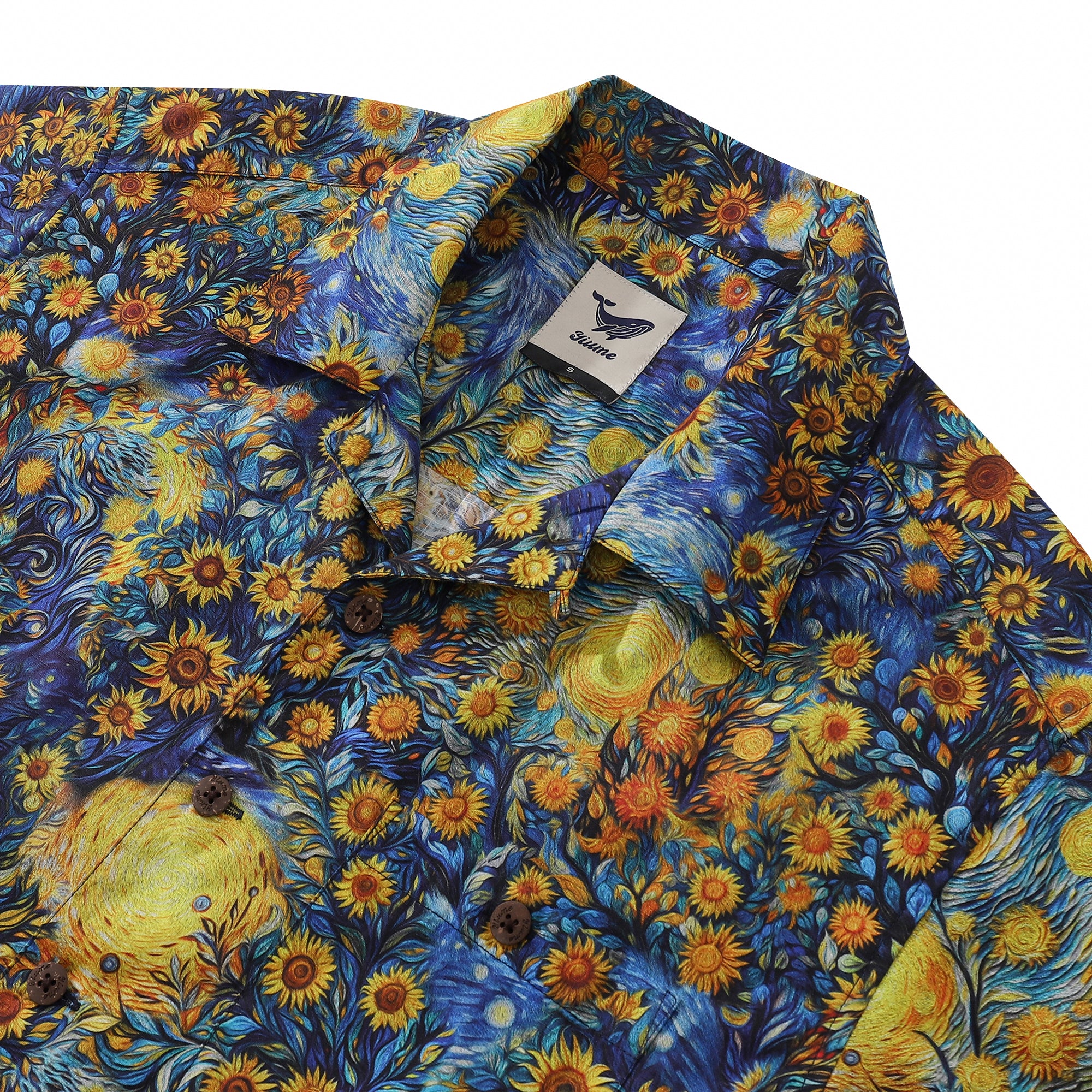 Camisa hawaiana vintage de los años 60 para hombre Camisa de girasol Van Gogh Cuello de campamento 100% algodón