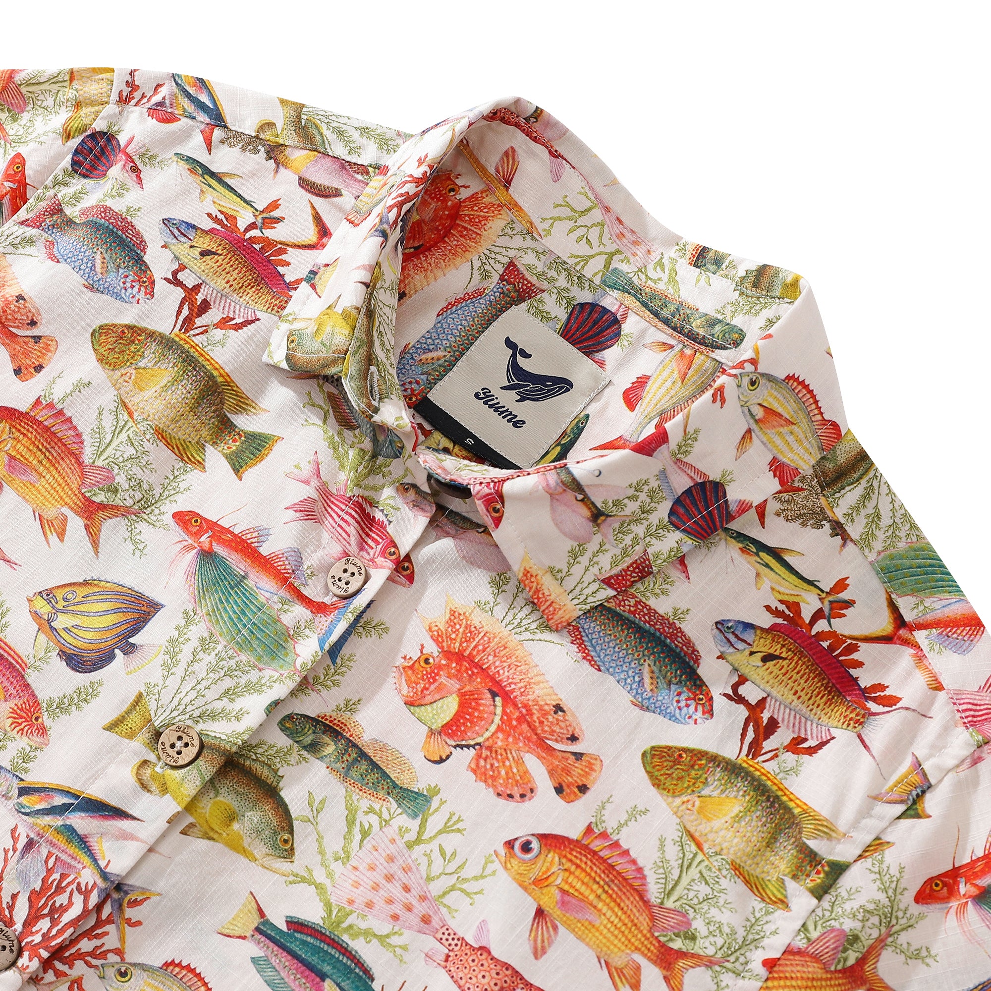 Camicia hawaiana da donna in cotone con stampa pesci di mare e oceano, manica corta