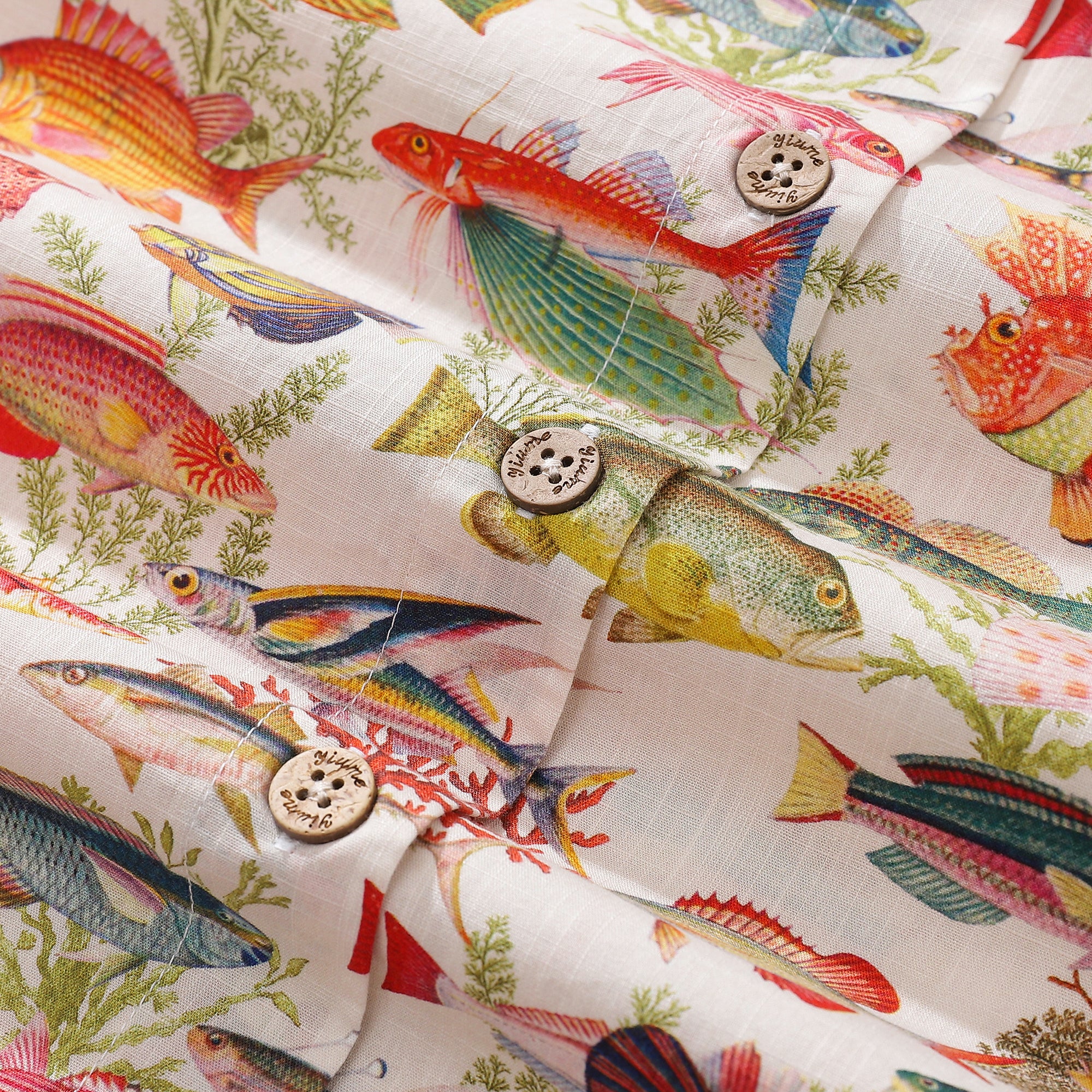 Camisa hawaiana de mujer con estampado de peces marinos y océano, manga corta con botones de algodón