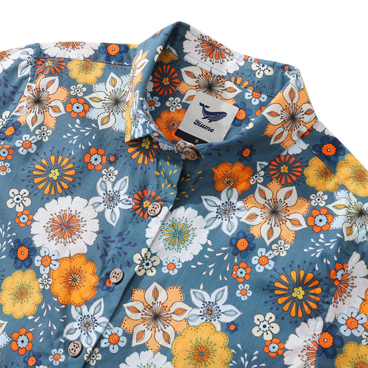 Chemise hawaïenne pour femmes Imprimé floral des années 60 par Samantha O' Malley Imprimé en coton Boutonnée à manches courtes