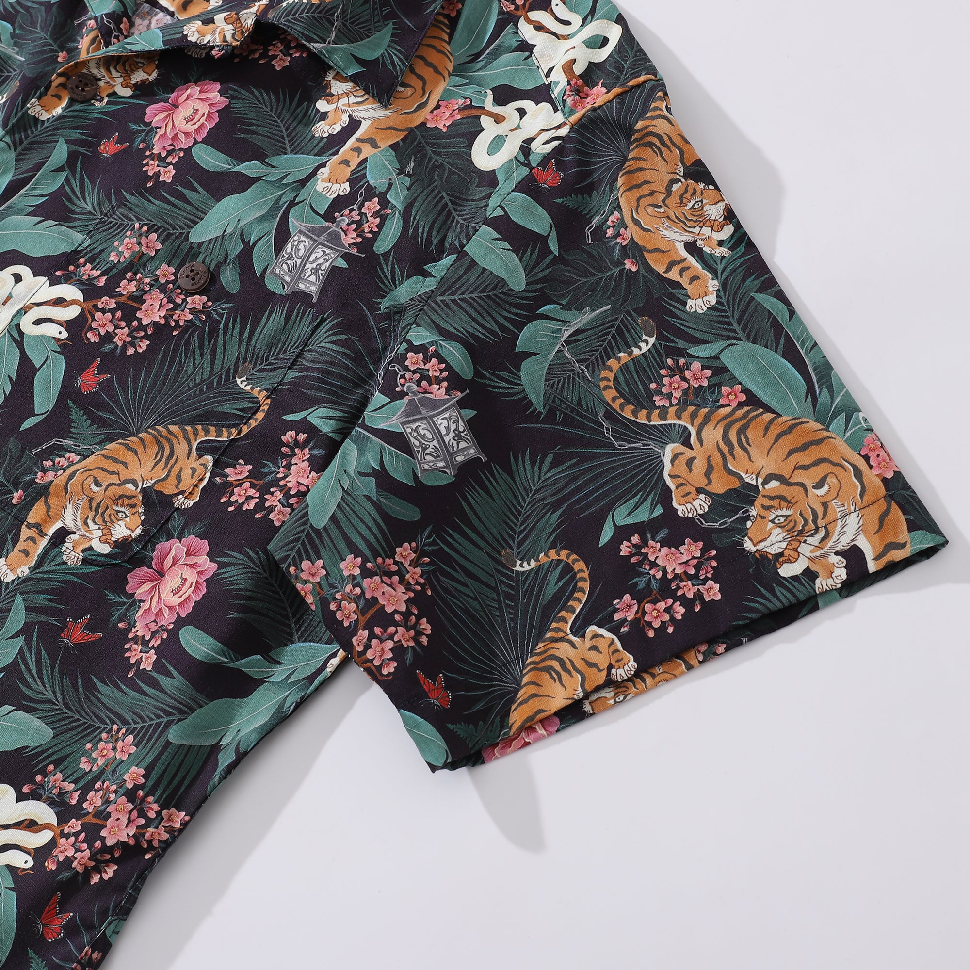 Camicia hawaiana da uomo Camicia con stampa tigre tra fiori Colletto camp 100% cotone