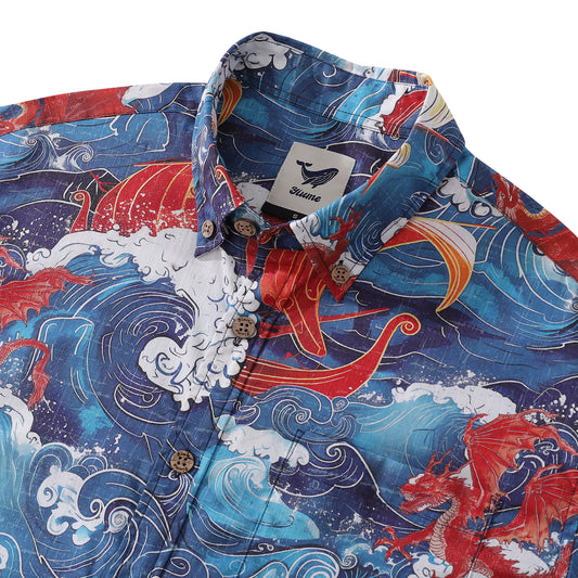 Yiume Viking Hawaiian Shirt For Men Dragon-Hunting Button-down Short Sleeve Cotton Beach Shirt Dragon-hunting Viking