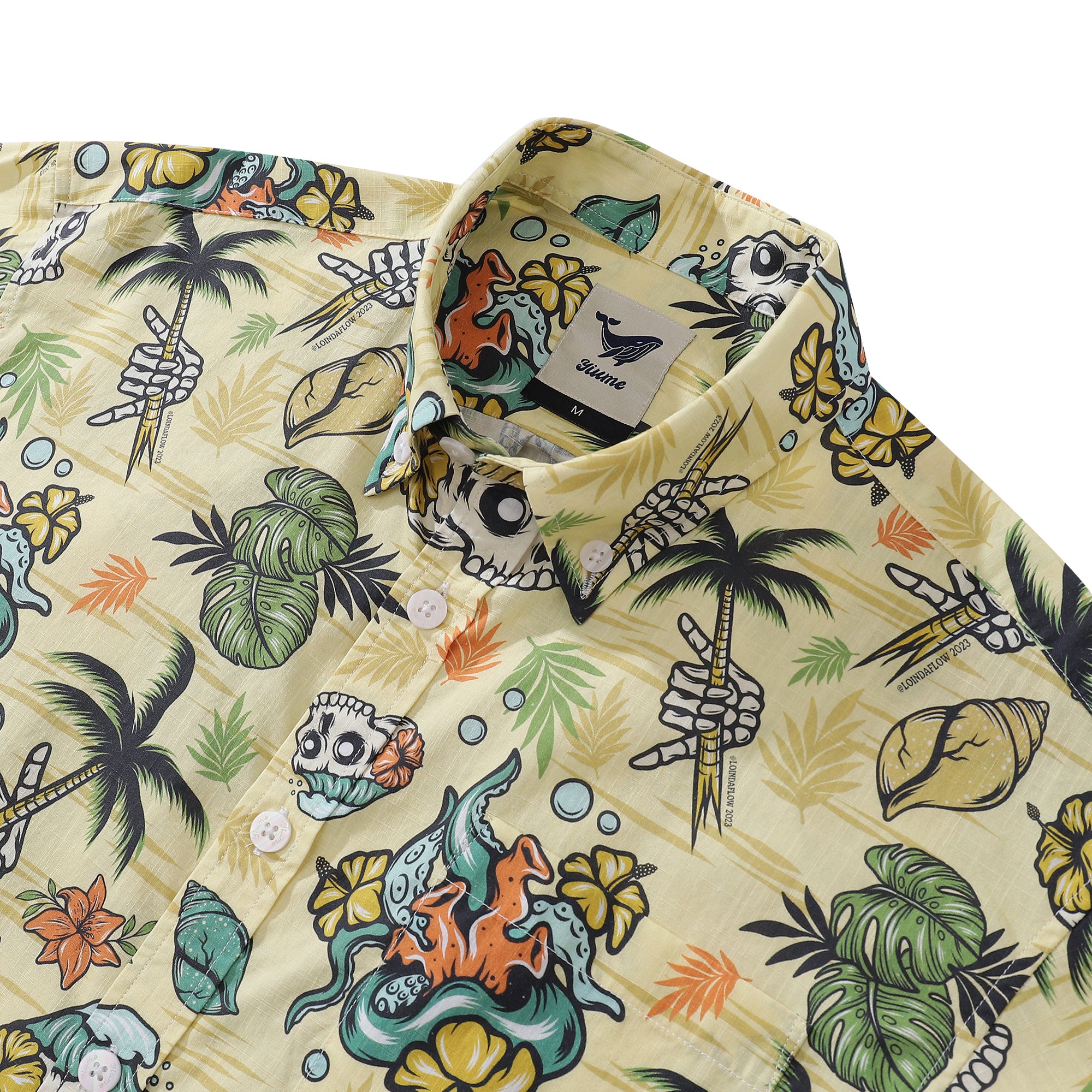 Chemise hawaïenne pour hommes, imprimé tête de mort tropicale, par Loinda Flow, chemise Aloha en coton boutonnée à manches courtes