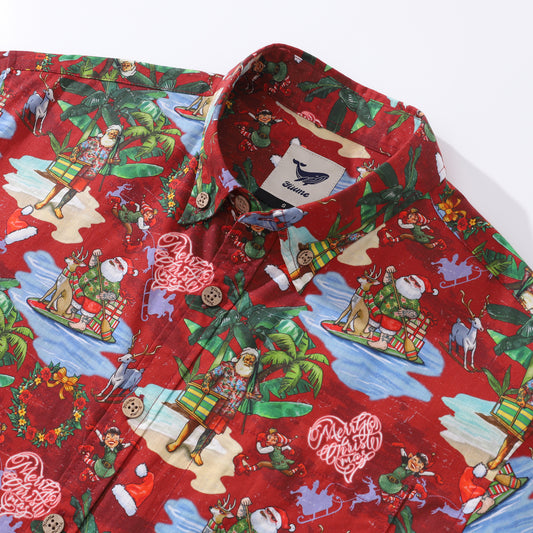 Chemise hawaïenne pour hommes, chemise Aloha en coton boutonnée à manches courtes, imprimé arrêt de bord de mer du père noël