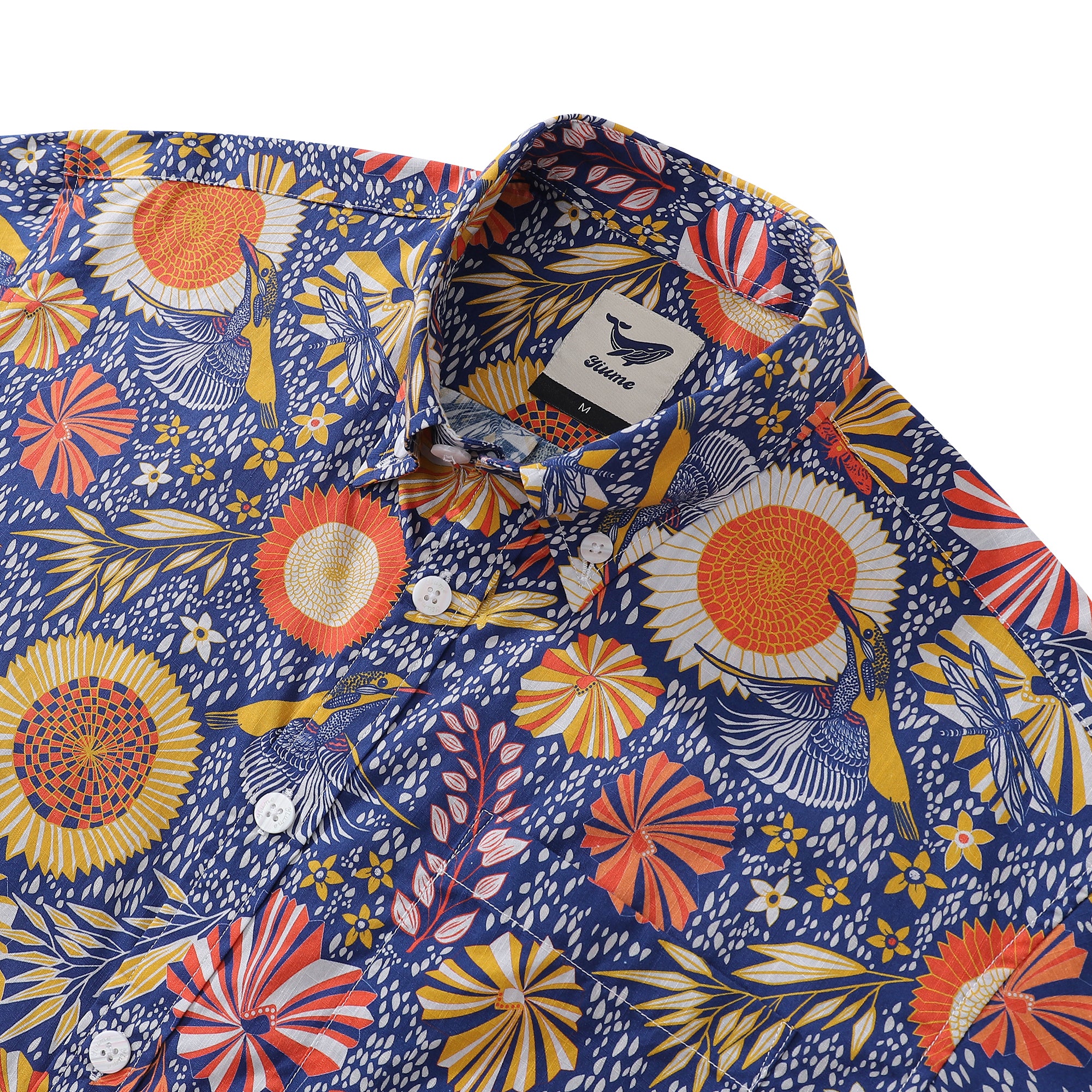 Men's Hawaiian Shirt Kingfisher and Flowers Print By Nina Leth Cotton Button-down Short Sleeve Aloha Shirt
