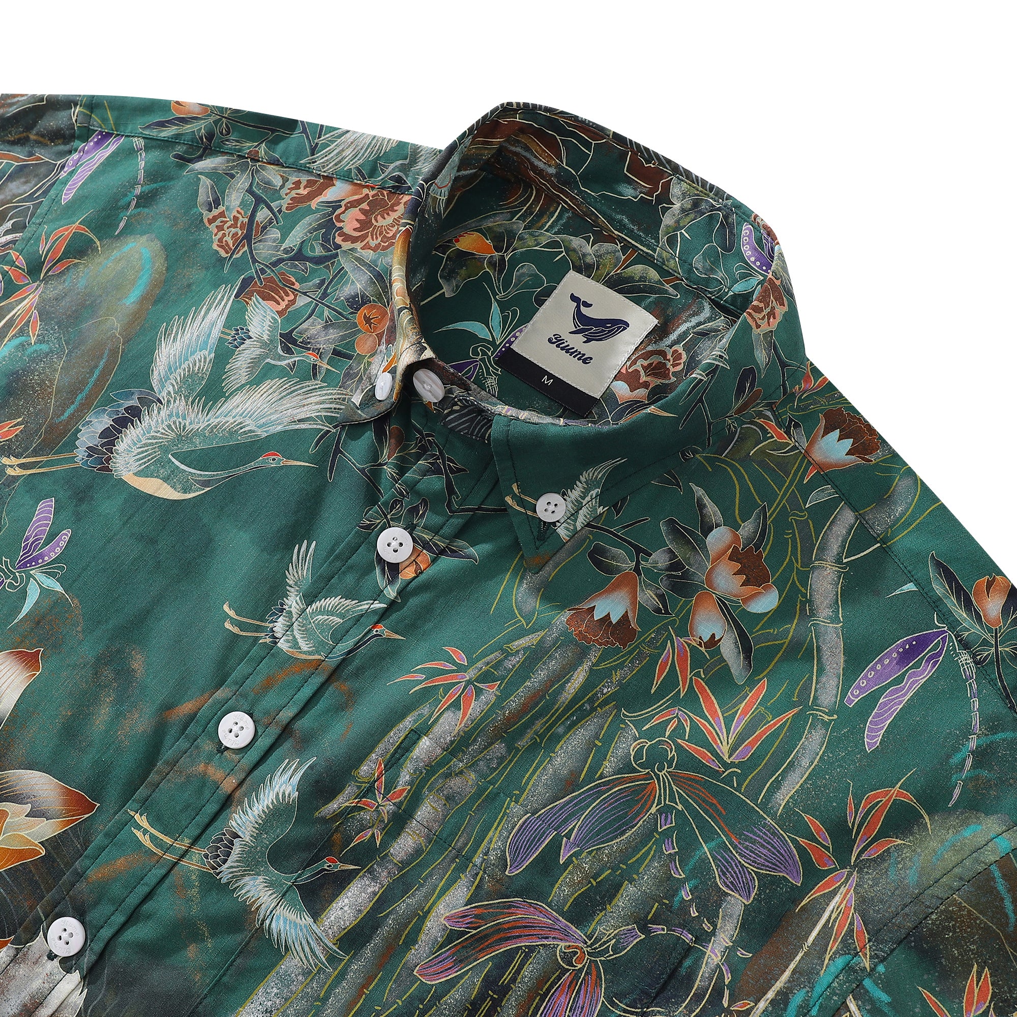 Men's Koi Fish Shirt Green Hawaiian Shirt Cotton Buttondown Short Sle