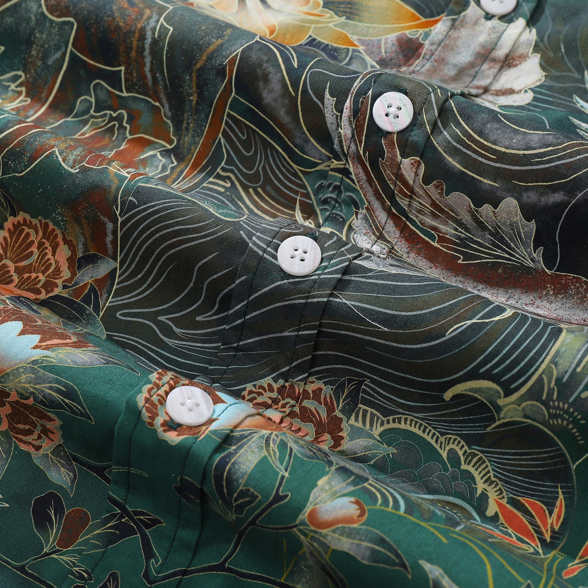 Men's Koi Fish Shirt Green Hawaiian Shirt Cotton Buttondown Short Sle