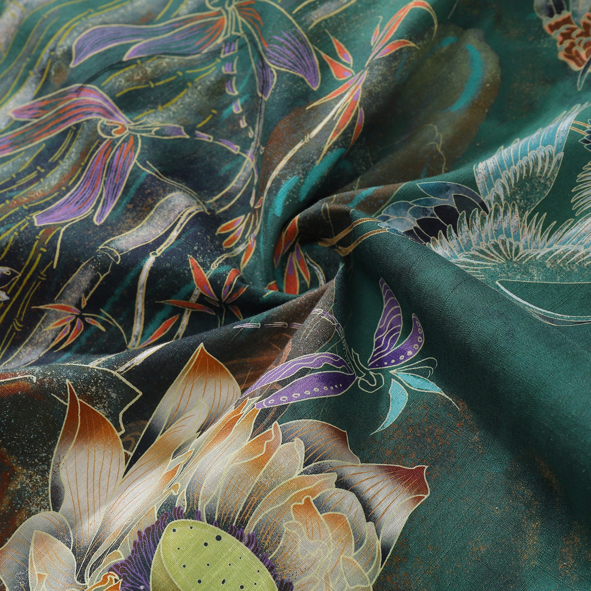 Men's Koi Fish Shirt Green Hawaiian Shirt Cotton Buttondown Short Sle