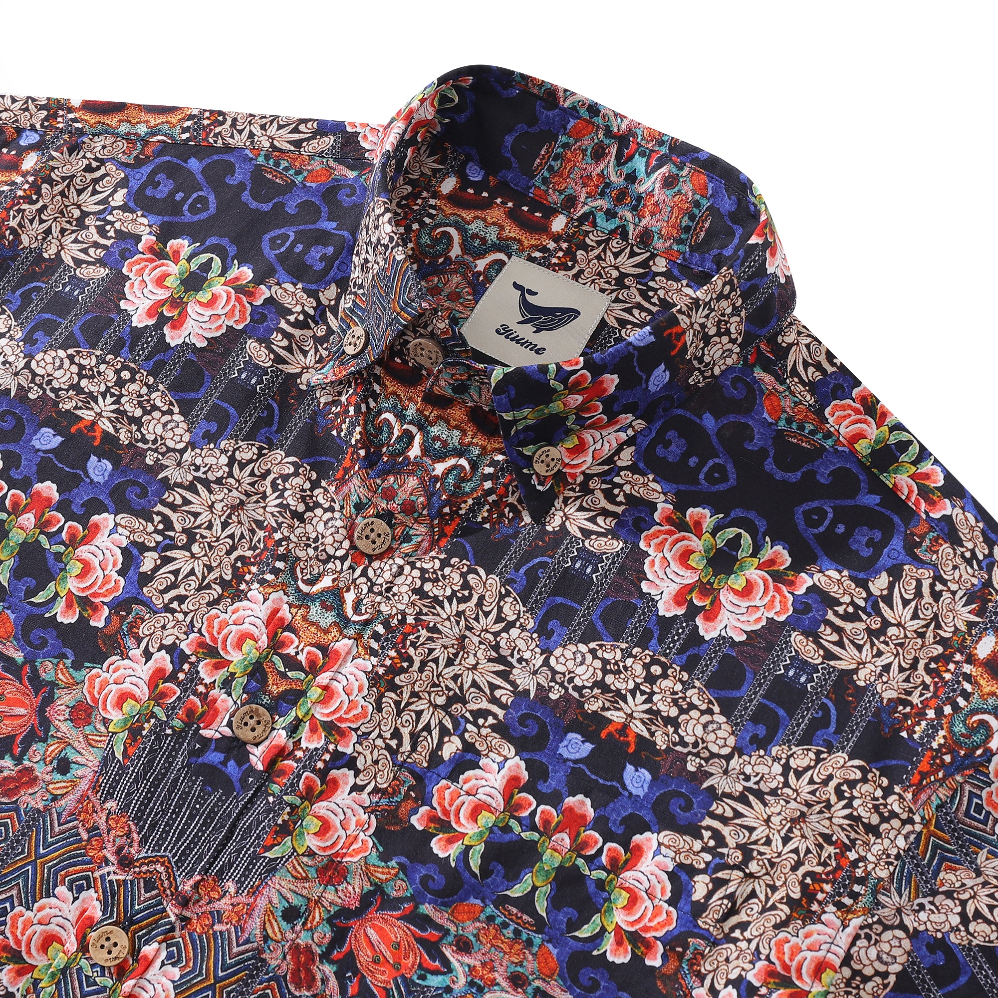Men's Hawaiian Shirt Blossoms of Antiquity Print Cotton Button-down Short Sleeve Aloha Shirt