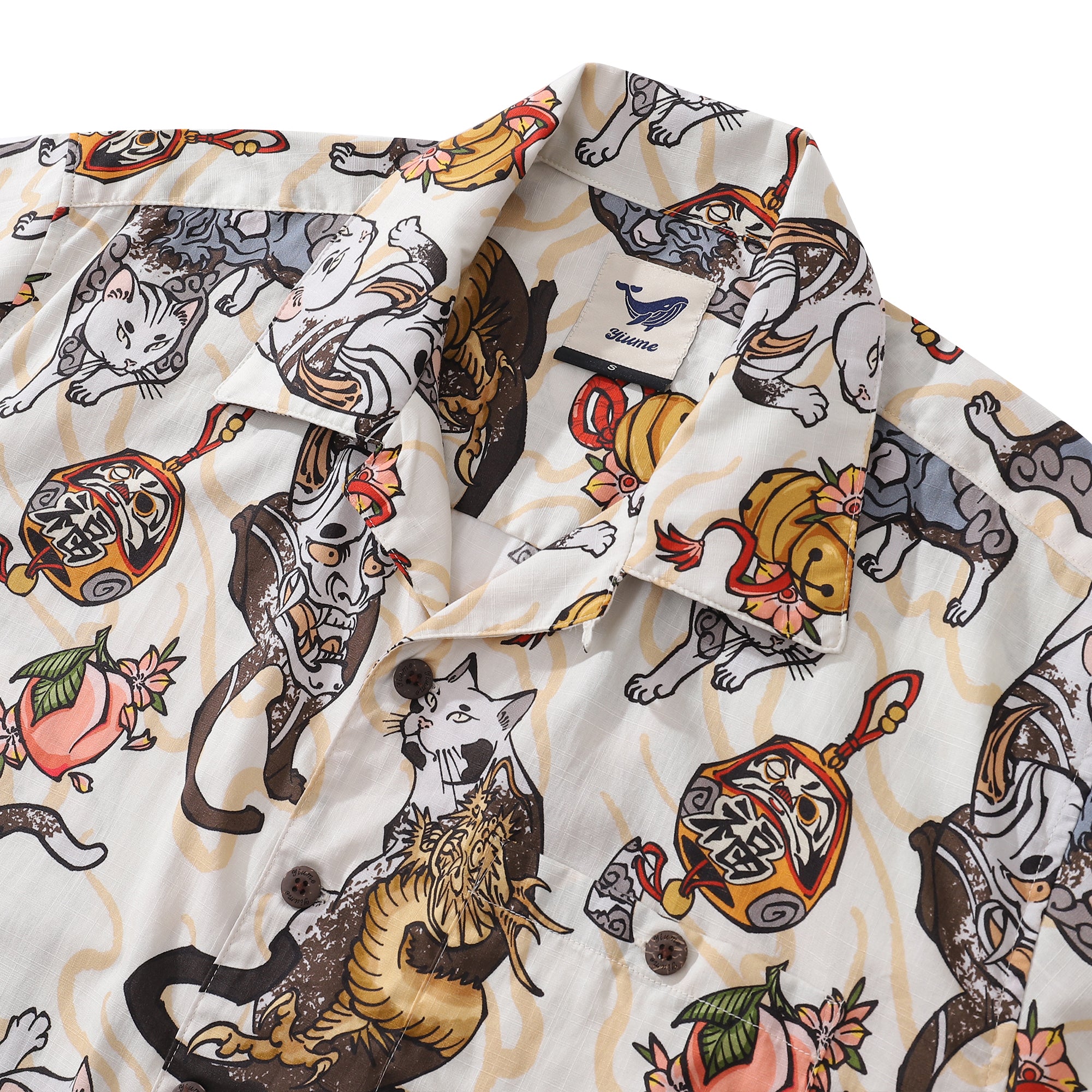 Cat Hawaiian Shirt For Men Ukiyo-e Art Print Camp Collar 100% Cotton Short Sleeve Shirt