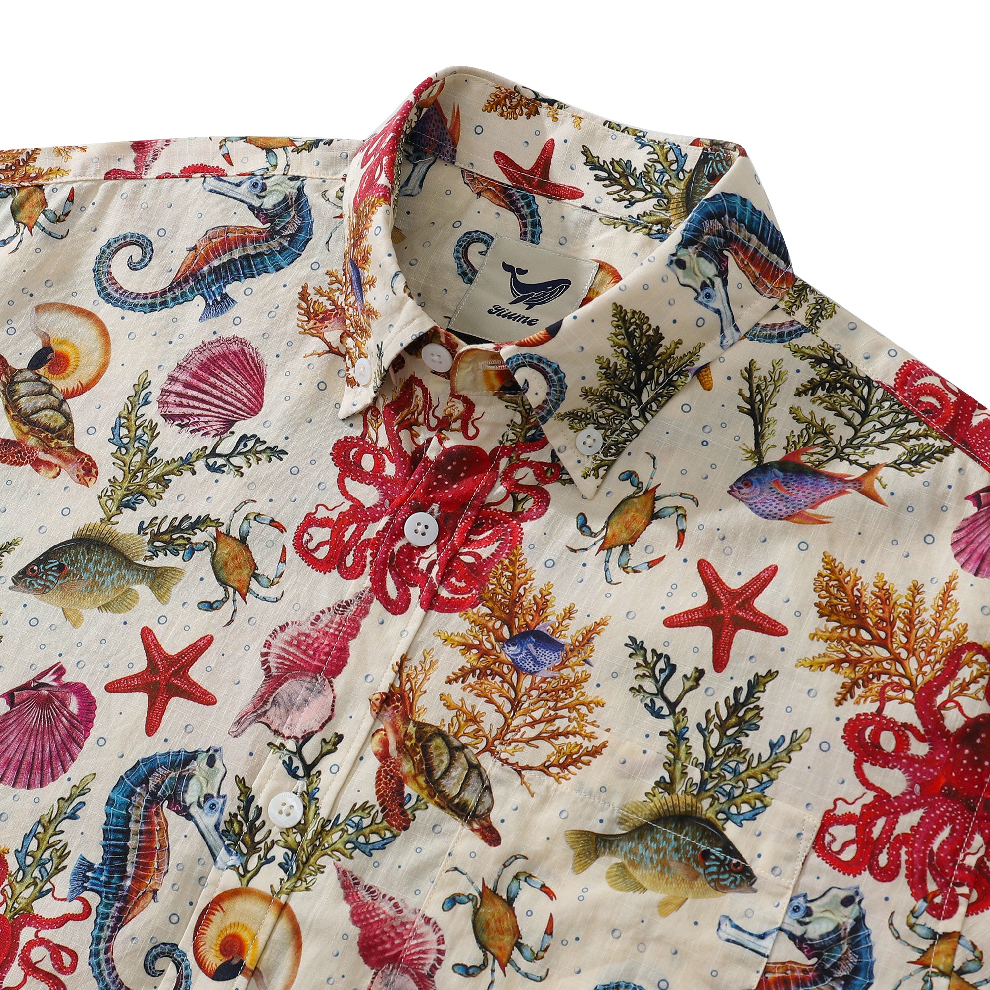 Funky Hawaii-Hemd für Herren, Meeresleben, Seepferdchen, Oktopus-Print, Button-down-Hemd aus Tencel™