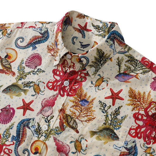 Men's Funky Hawaiian Shirt Marine Life Seahorse Octopus Print Button-down Tencel™ Marine Life (tencel™)