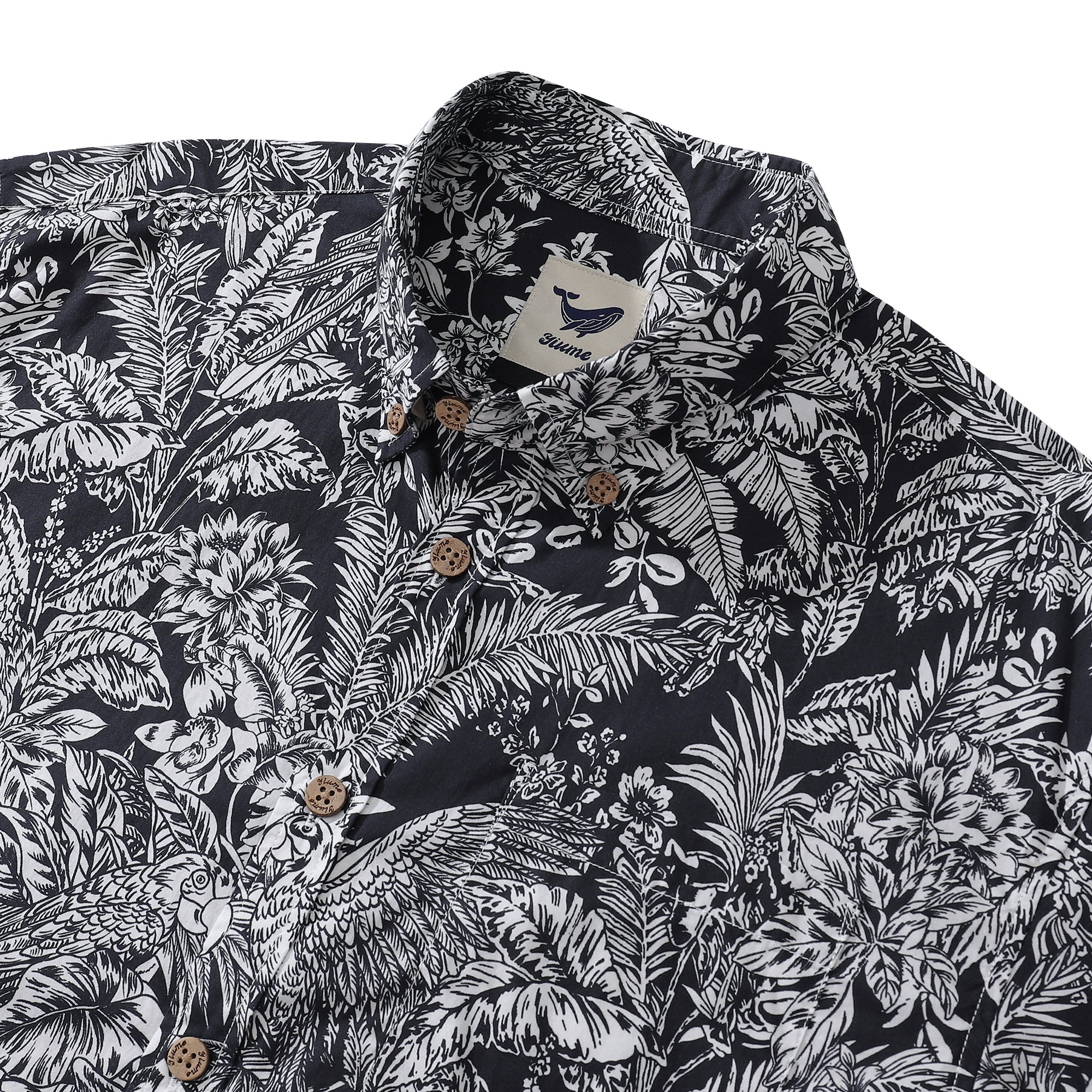 Men's Hawaiian Shirt Black Parrot In The Jungle 100% Cotton Button Down