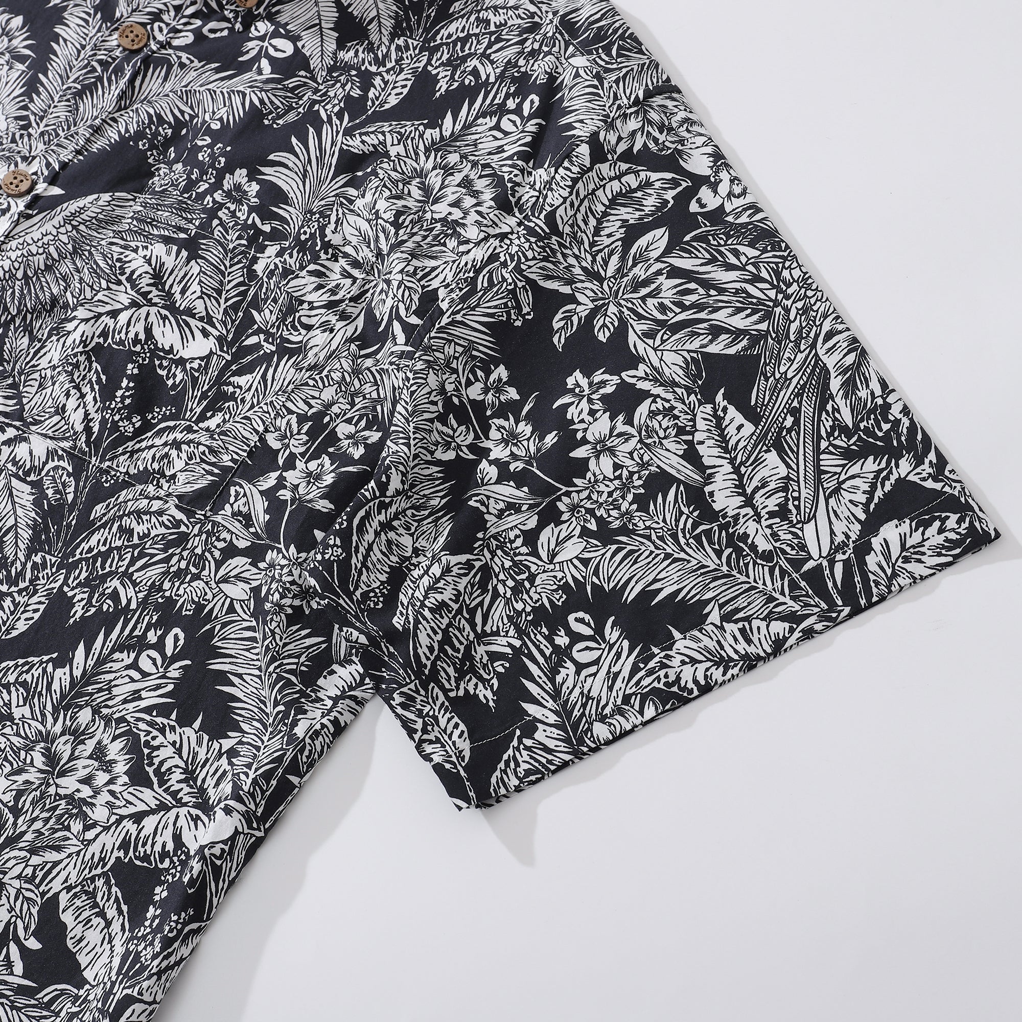 Men's Hawaiian Shirt Black Parrot In The Jungle 100% Cotton Button Down