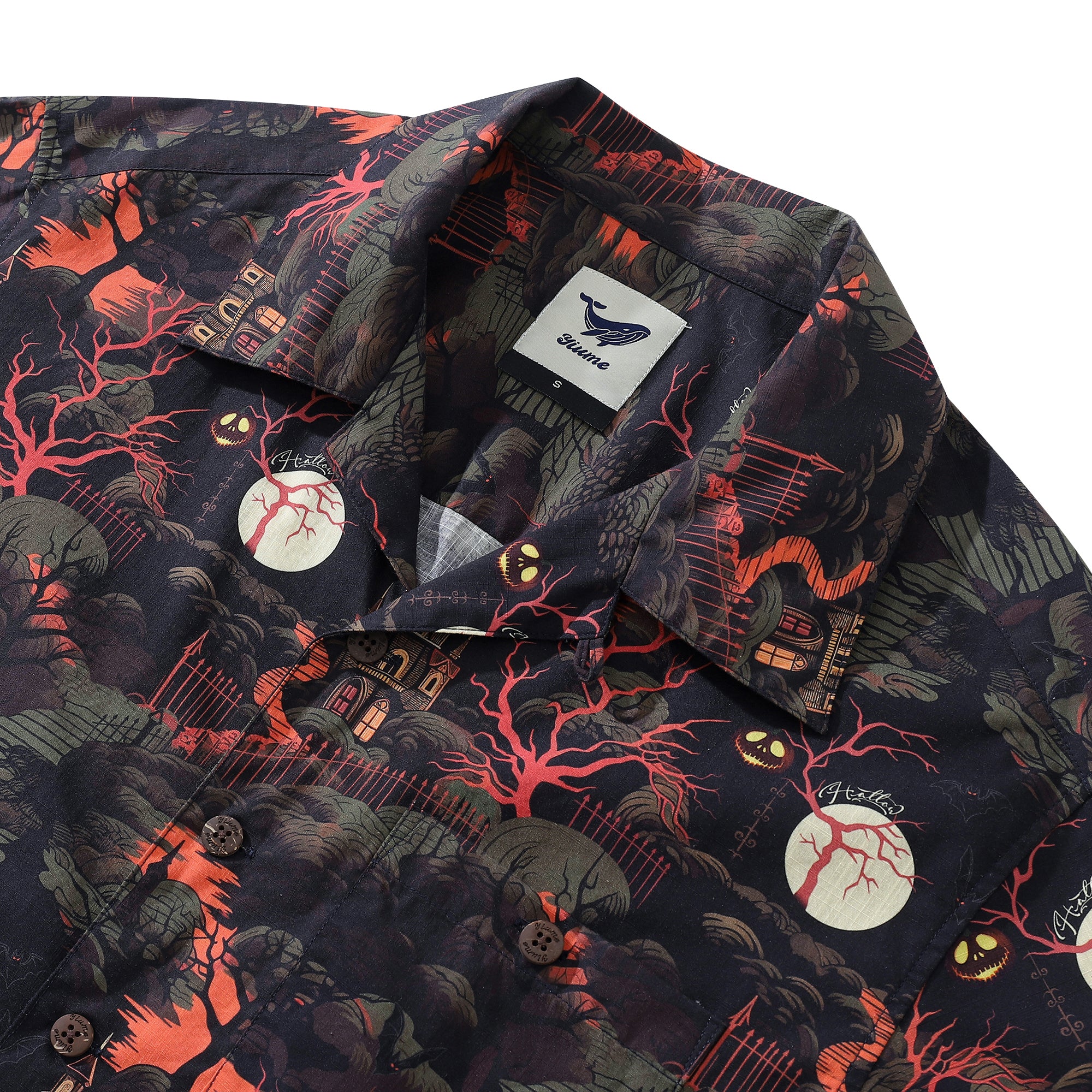 Camisa Hawaiana de Halloween para Hombres Camisa Castillo de Medianoche Cuello Camp 100% Algodón