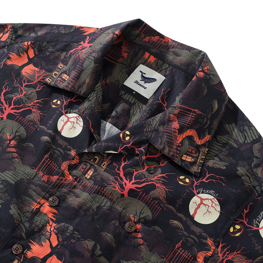 Halloween Hawaiian Shirt For Men Midnight Castle Shirt Camp Collar 100% Cotton