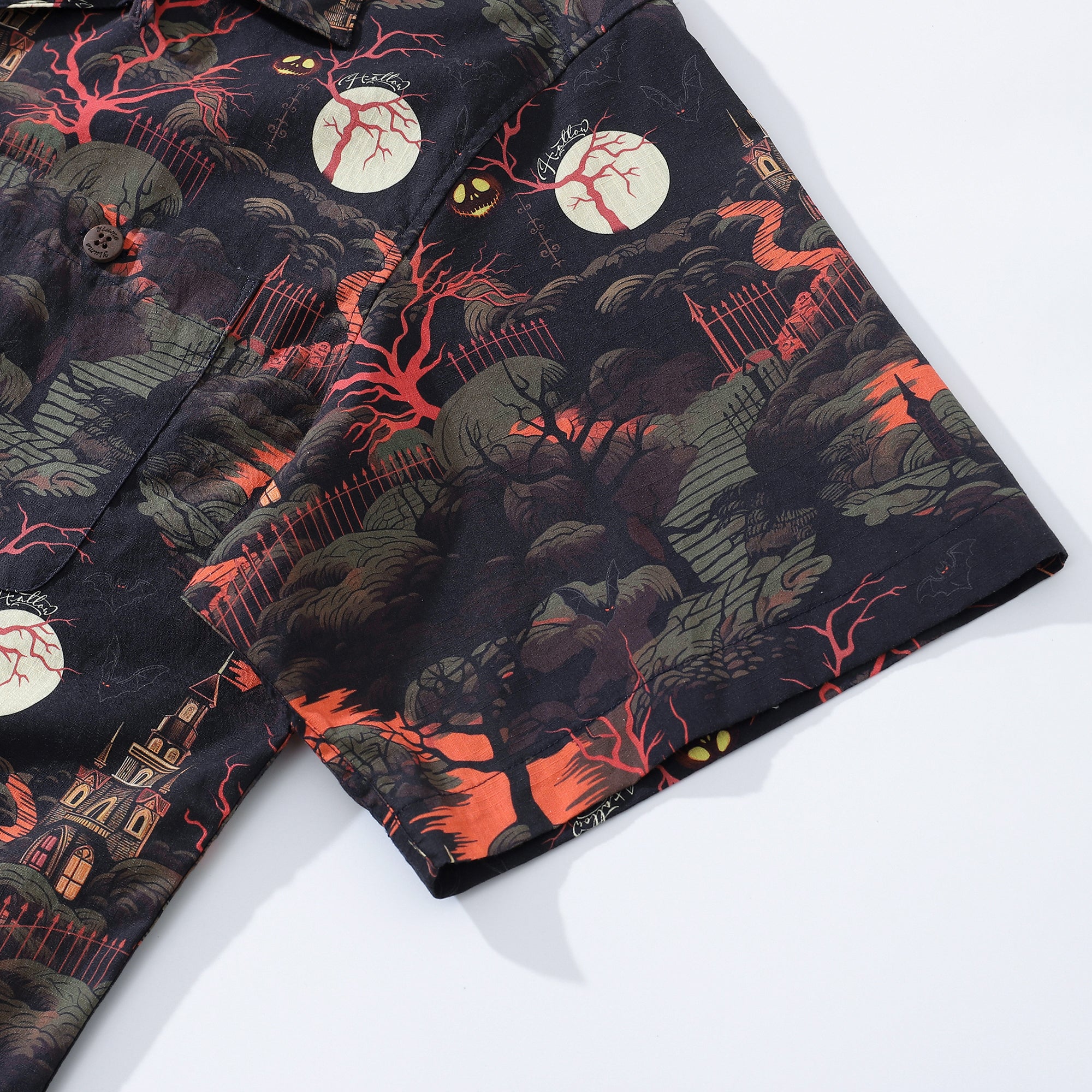 Camisa Hawaiana de Halloween para Hombres Camisa Castillo de Medianoche Cuello Camp 100% Algodón
