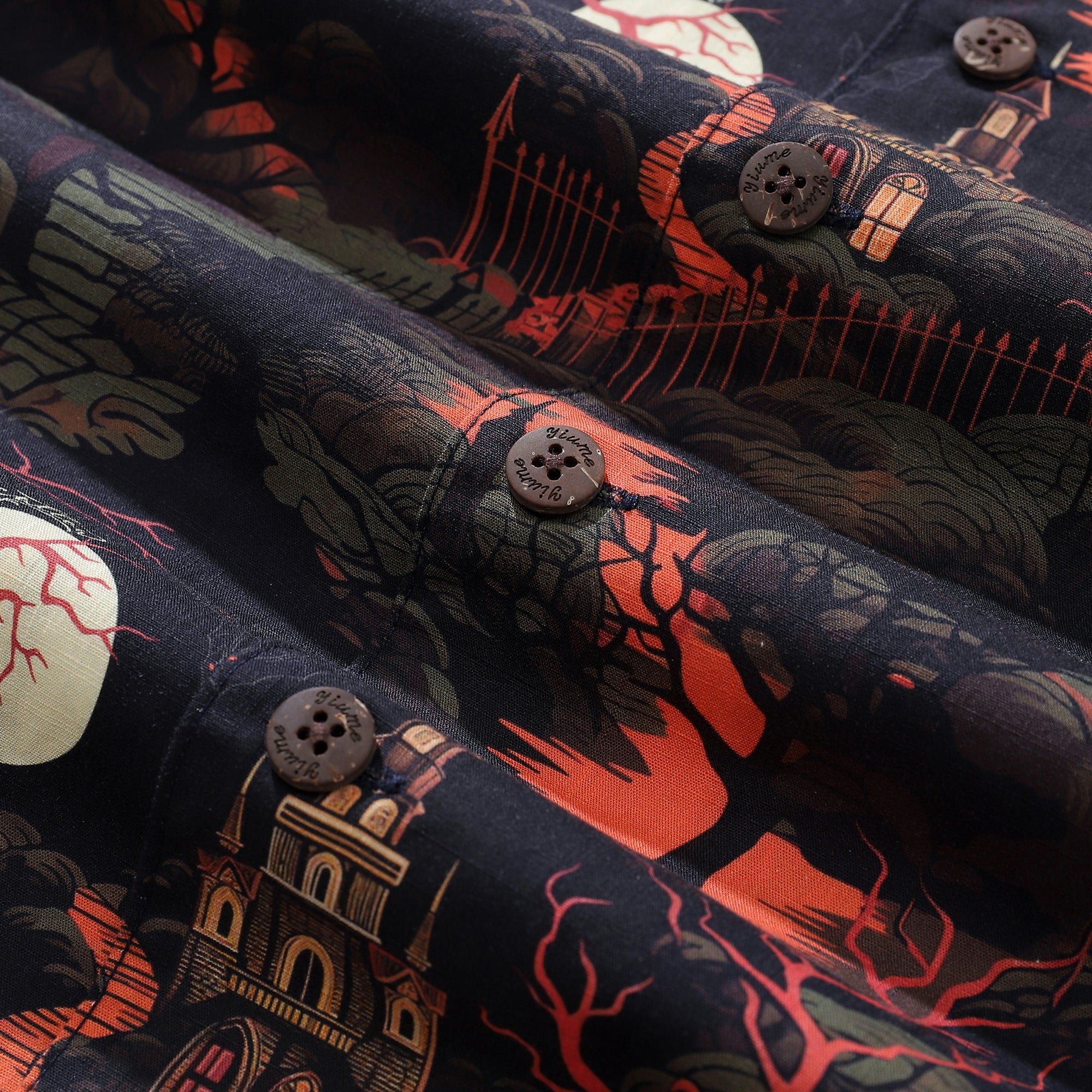 Camisa Hawaiana de Halloween para Hombres Camisa Castillo de Medianoche Cuello Camp 100% Algodón