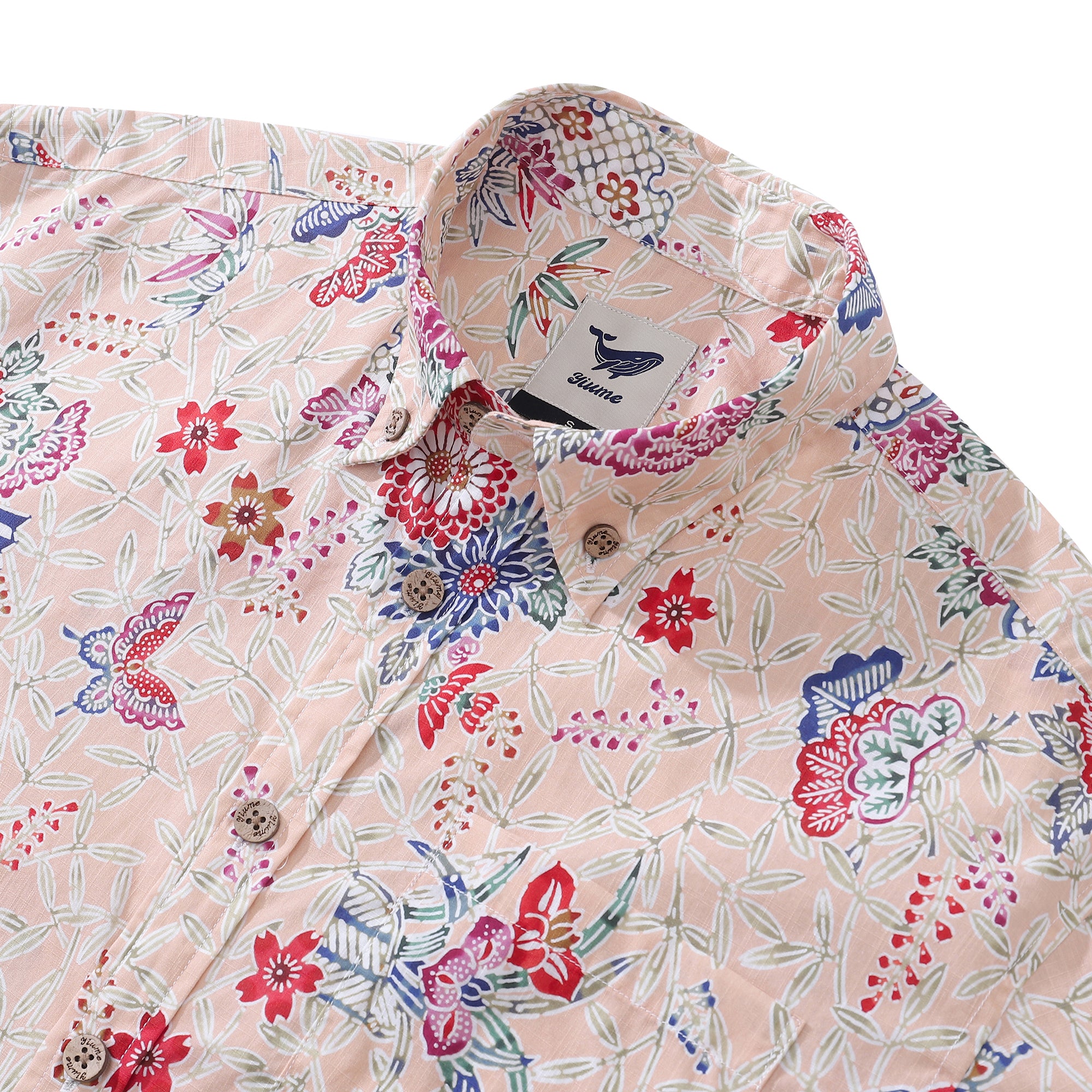 Men's Hawaiian Shirt Blossoms and Butterflies Print Cotton Button-down Short Sleeve Aloha Shirt