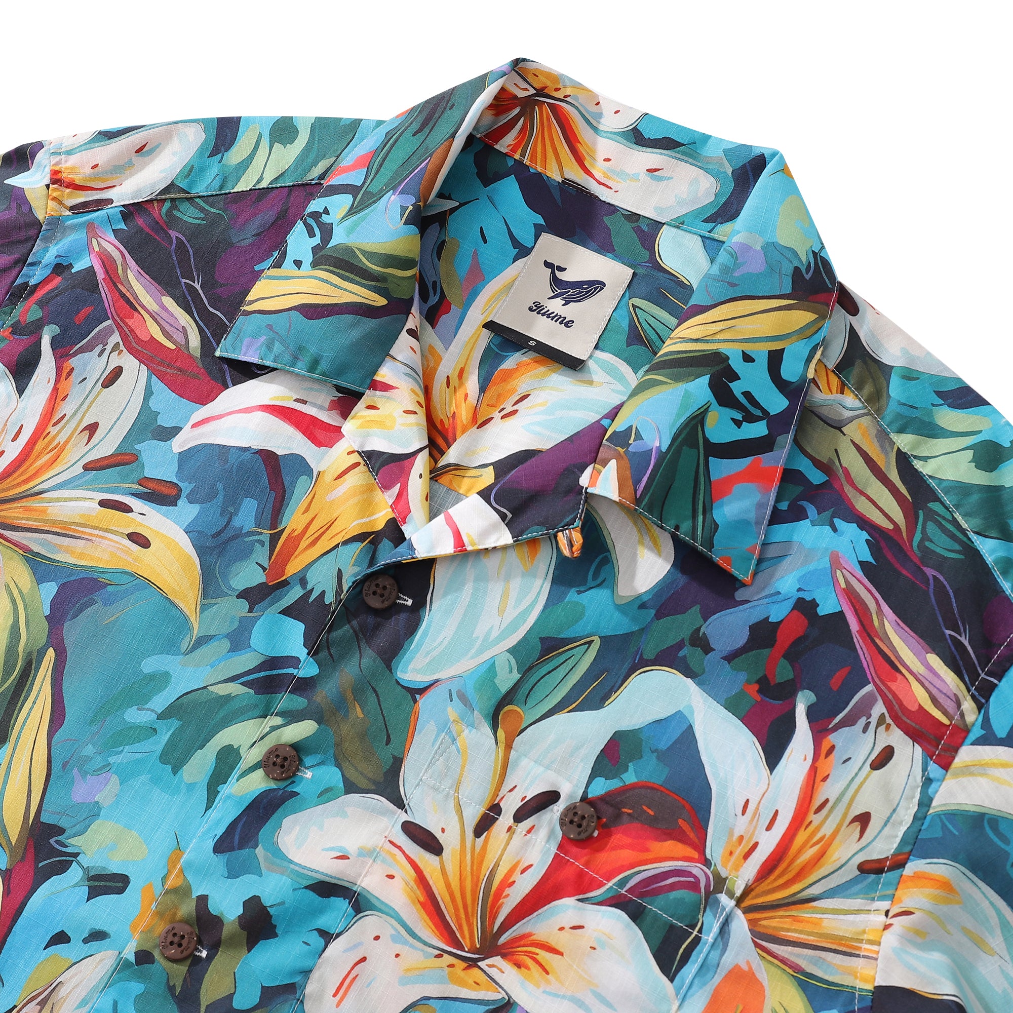 Hawaiian Shirt For Men Greenish Lily Flower Print Shirt Camp Collar 100% Cotton Shirt