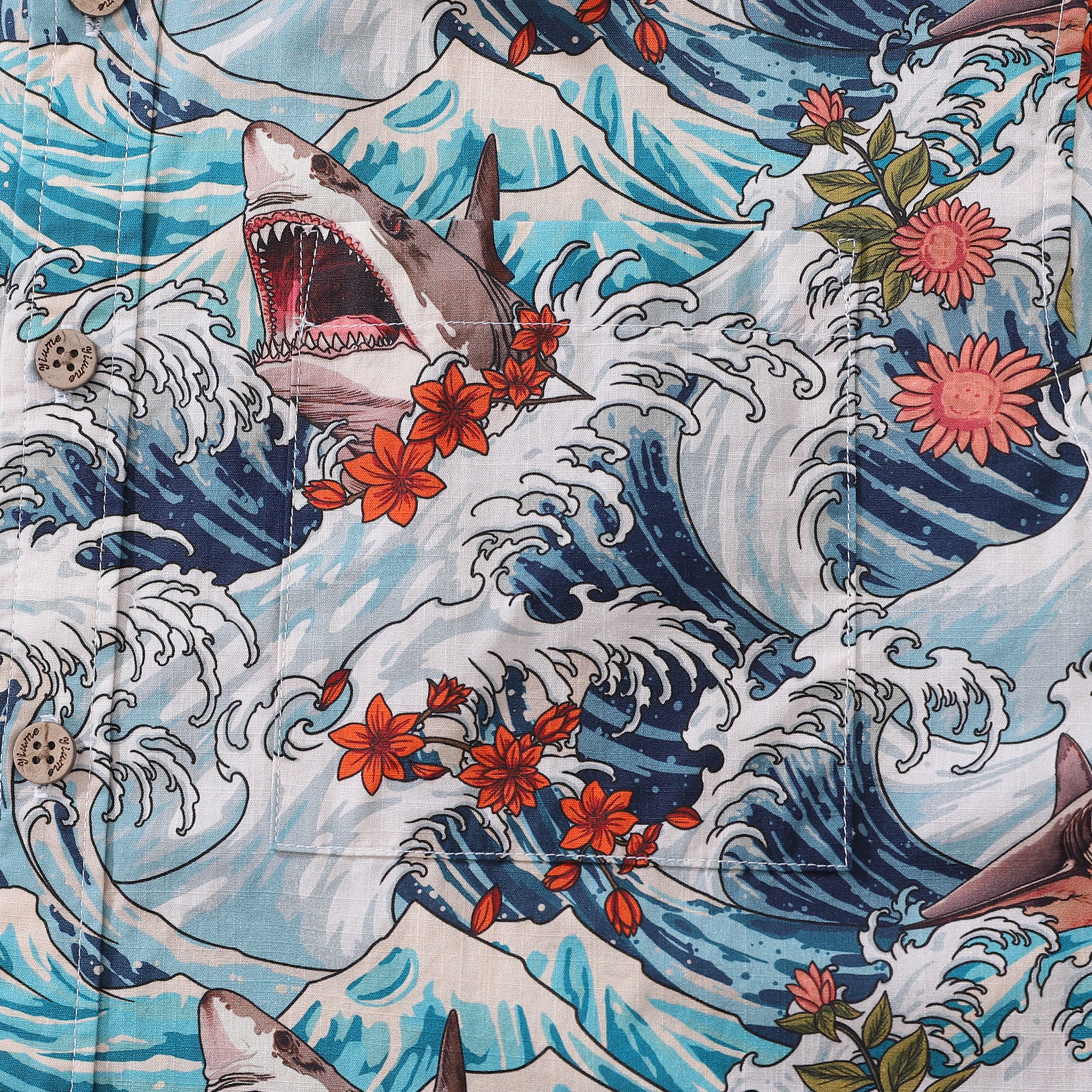 Men's Resort Wear Shirt Turbulence at Sea with Sharks Print Short Sleeve Hawaiian Shirt For Men
