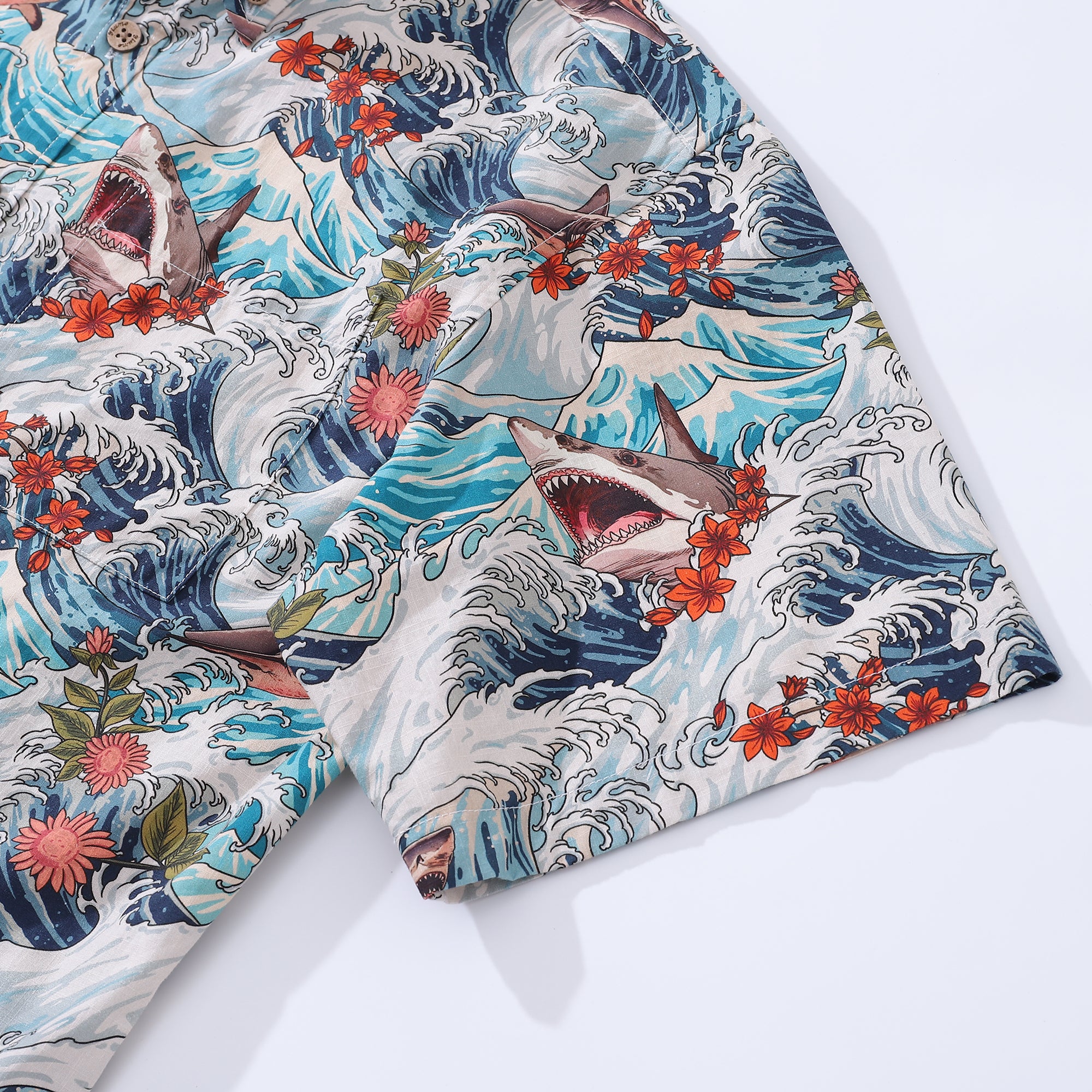 Men's Hawaiian Shirt Turbulence at Sea with Sharks Print Cotton Button-down Short Sleeve Aloha Shirt