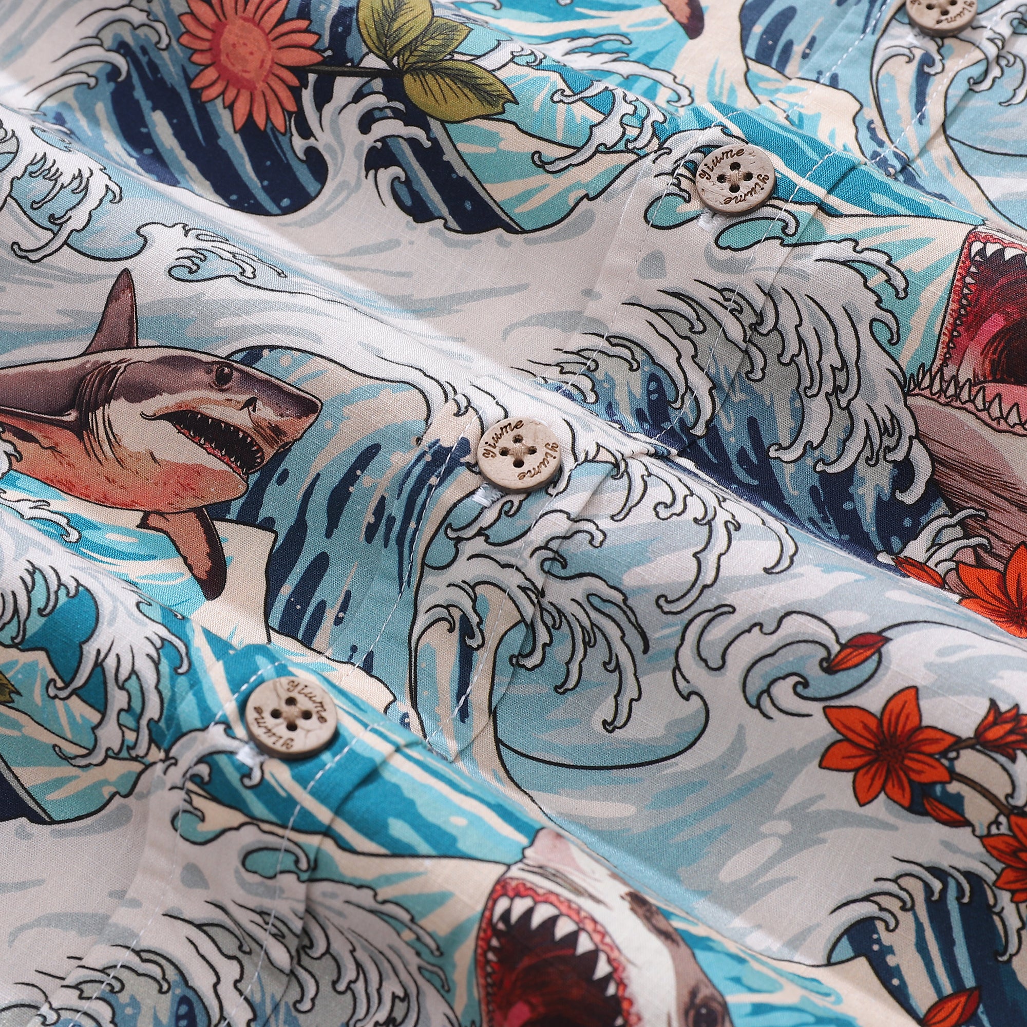 Men's Hawaiian Shirt Turbulence at Sea with Sharks Print Cotton Button-down Short Sleeve Aloha Shirt