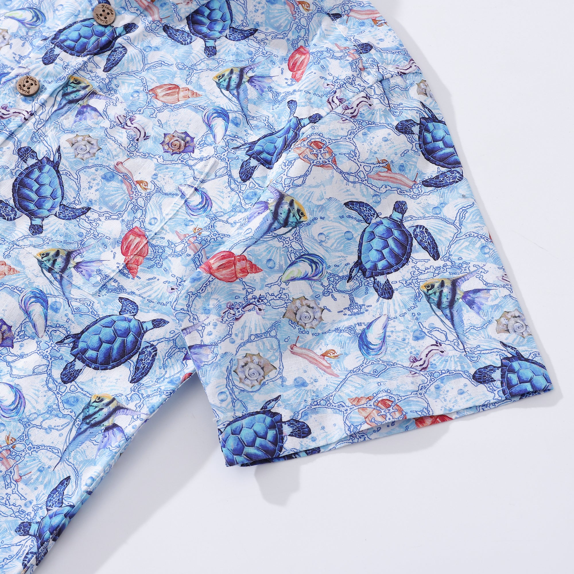 Kinder Hawaii-Hemd mit umherziehenden Schildkröten-Print aus Baumwolle, kurzärmlig, mit Knöpfen