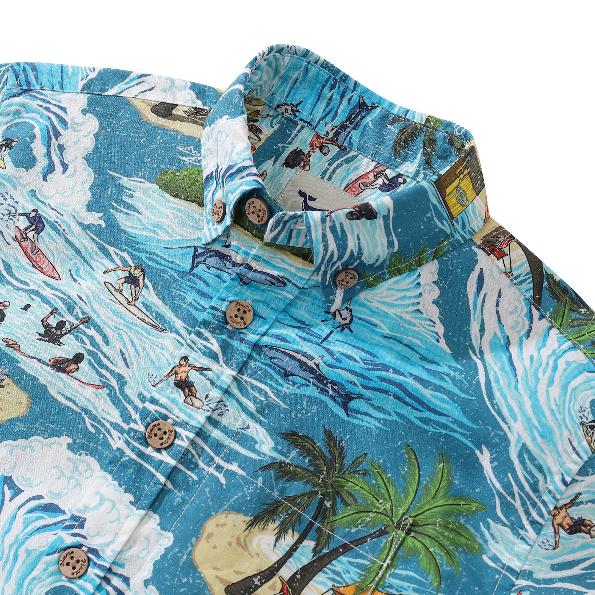 Children's Hawaiian Shirt Ride the Waves Print Cotton Button-down Short Sleeve