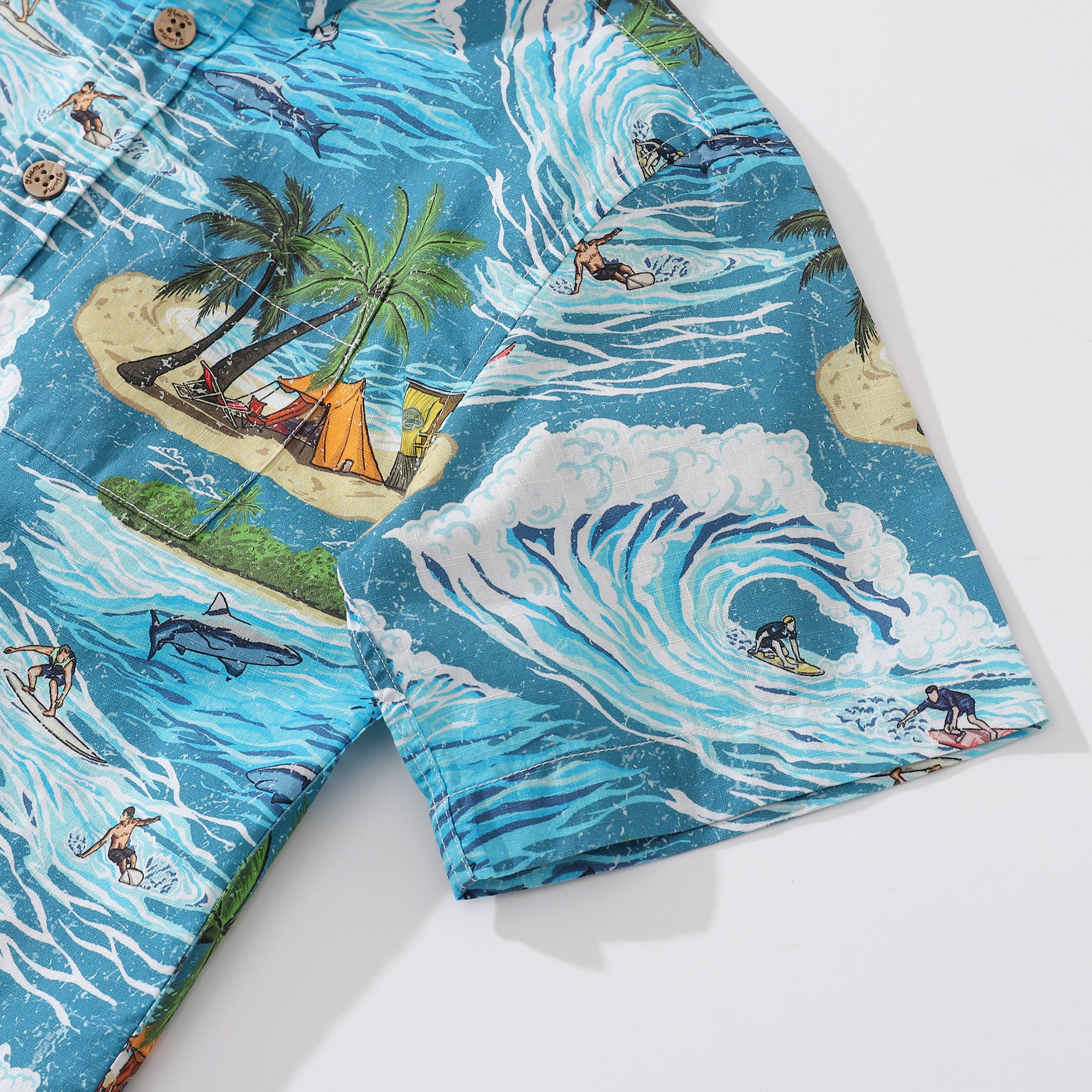 Children's Hawaiian Shirt Ride the Waves Print Cotton Button-down Short Sleeve