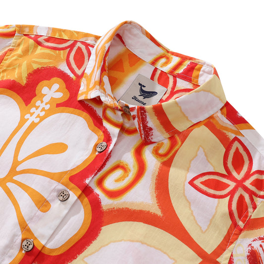 Damen Hawaiian Shirt Orange Totem von Tikirob Print Baumwolle Knopfverschluss Kurzarm