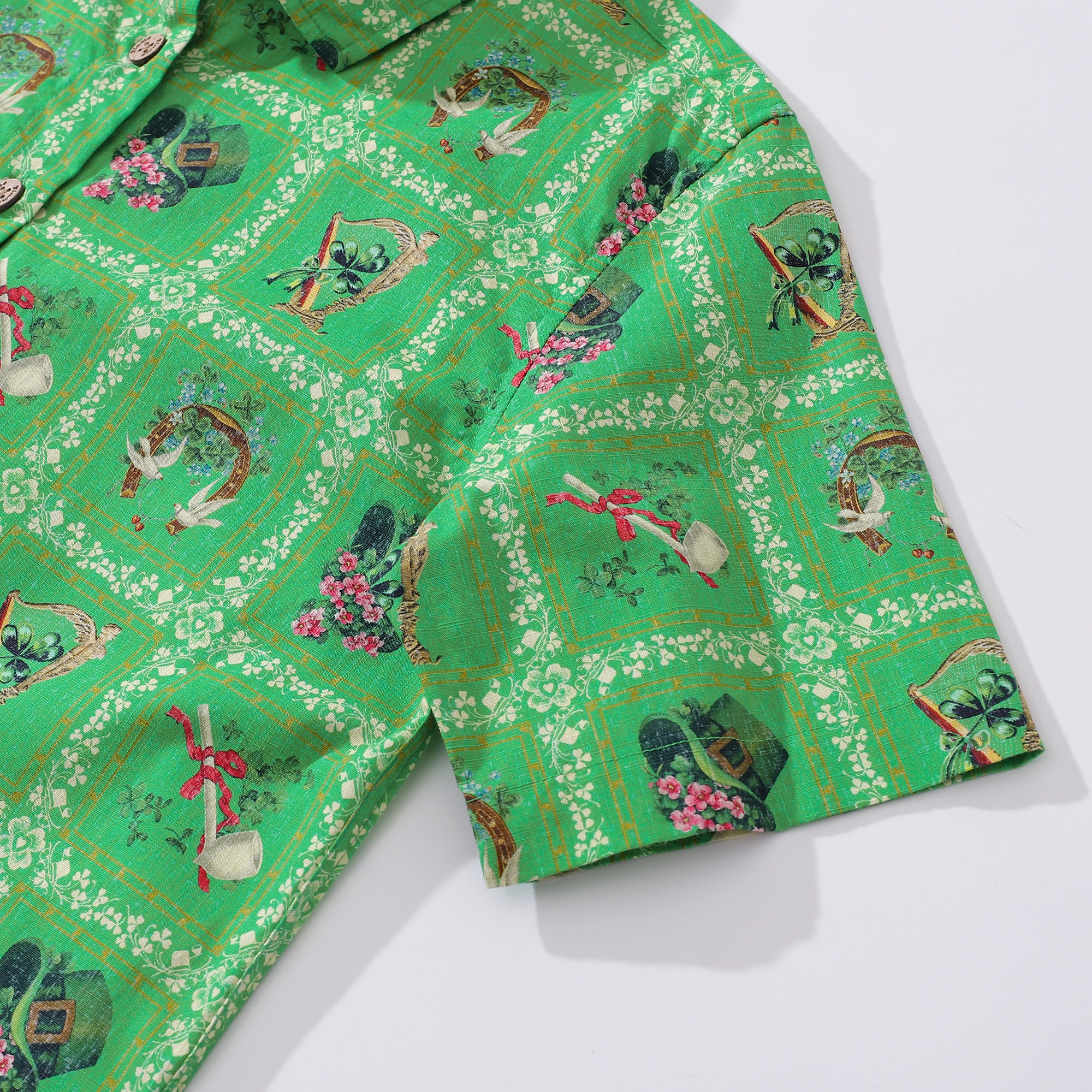 St. Patrick's Day Women's Hawaiian Shirt Green St. Patrick's Day Print Cotton Button-down Short Sleeve