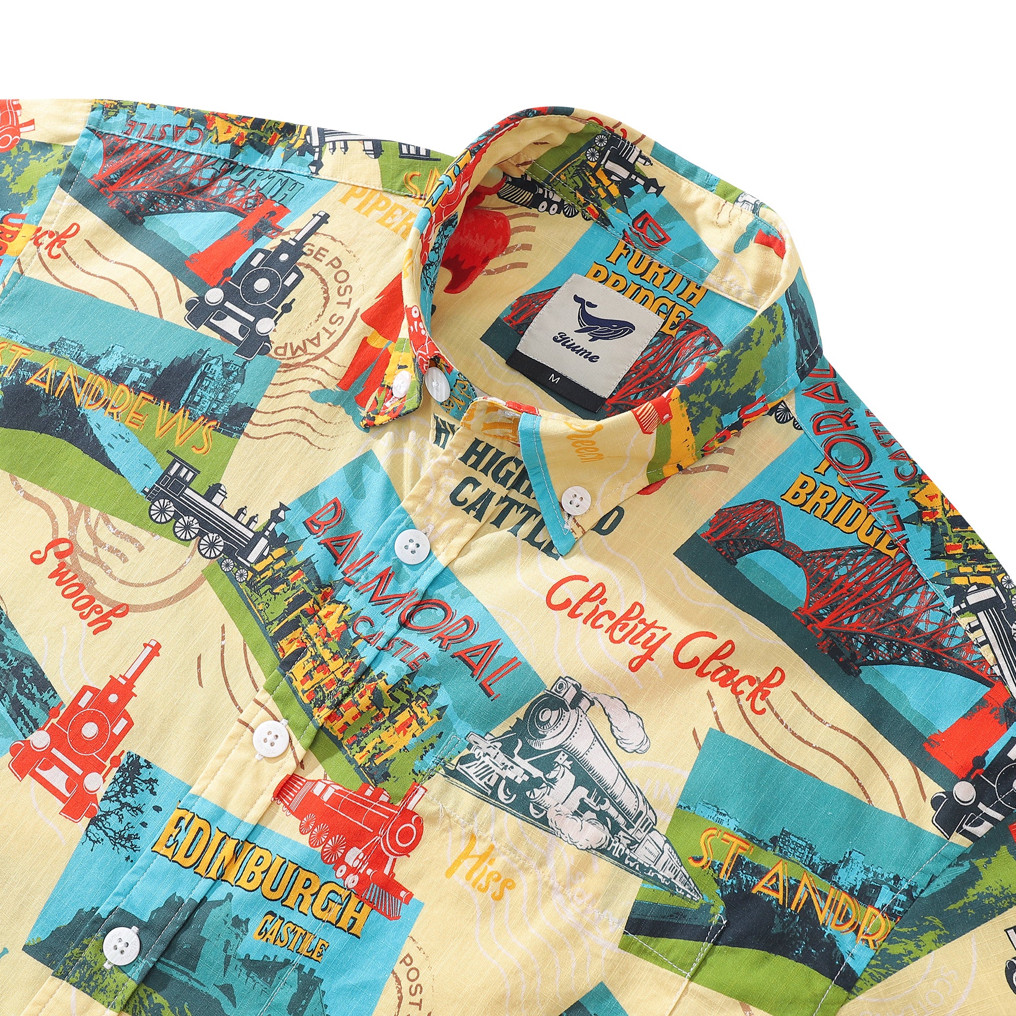 Men's Hawaiian Shirt Heritage Railway Scotland Print 1940s Vintage Short Sleeve Aloha Shirt