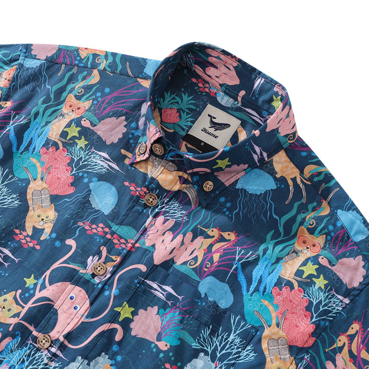Back view of dive print Hawaiian shirt, cotton, short sleeve