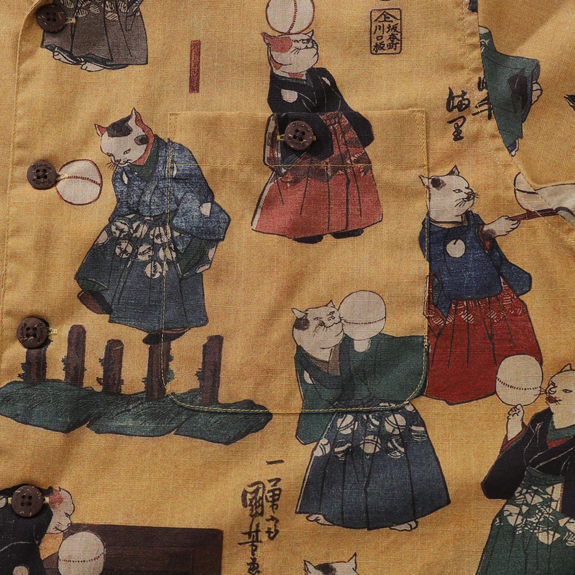 Mens Japanische Hawaiian Shirt Die Katze, die Cuju trat Baumwolle Camp Kragen Kurzarm Aloha Shirt