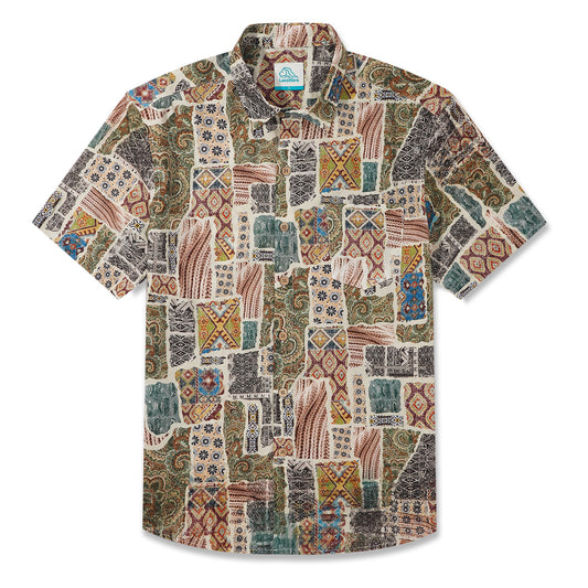 LeosWare® Men's Hawaiian Shirt Short Sleeve Button-up 100% Cotton Green Aloha Vintage Ethnic Patchwork Collection