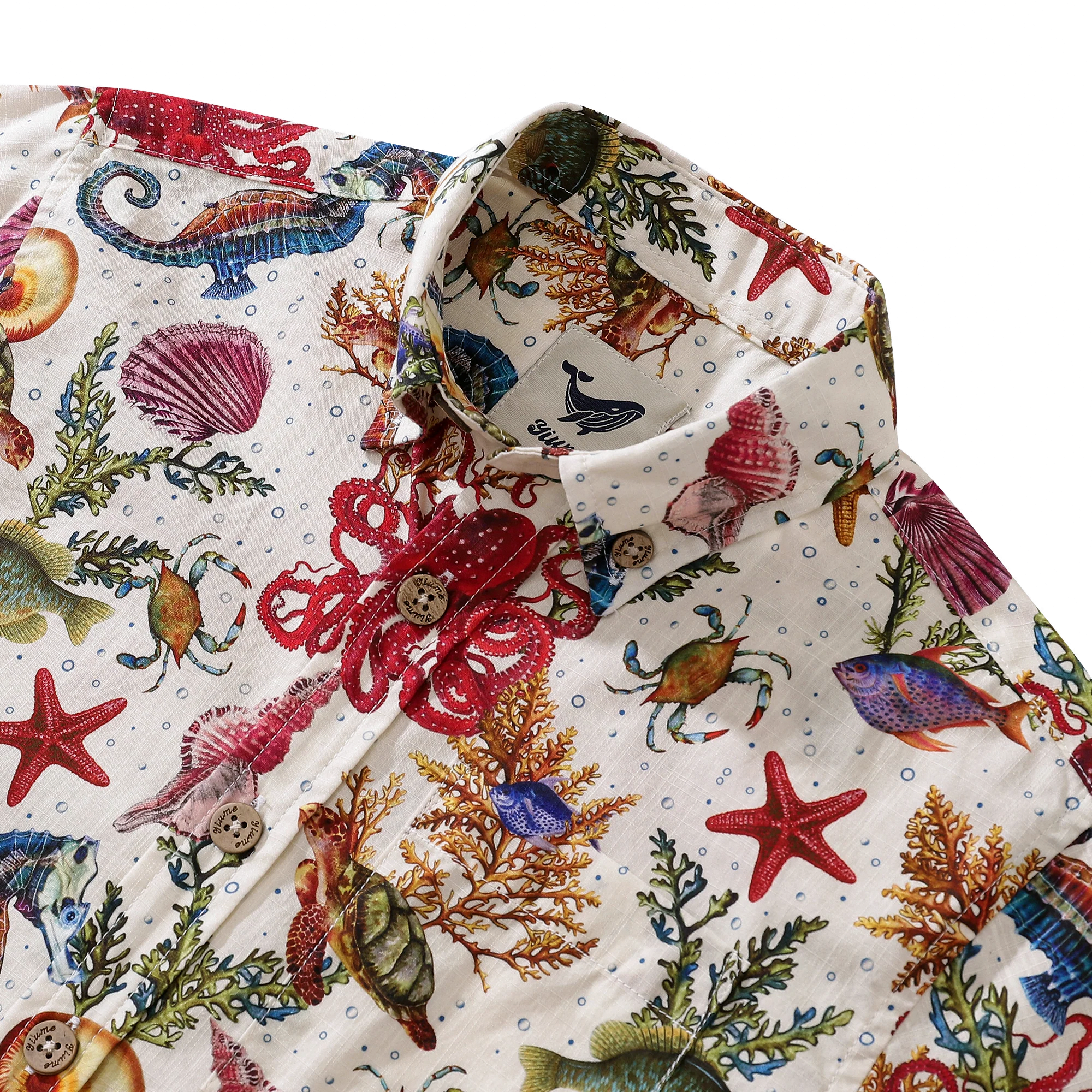 Kinder Hawaiian Shirt Meeresleben Seepferdchen Oktopus Druck Baumwolle Knopfverschluss Kurzarm