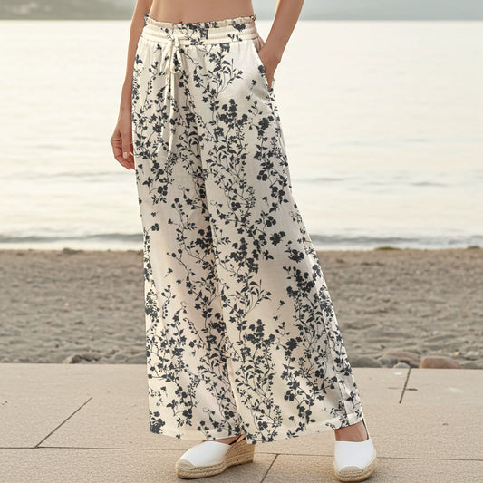 Women Casual Pants Lounge Elastic Waist Drawstring with Pockets 100% Cotton Beige Aloha Tranquil Inkvine