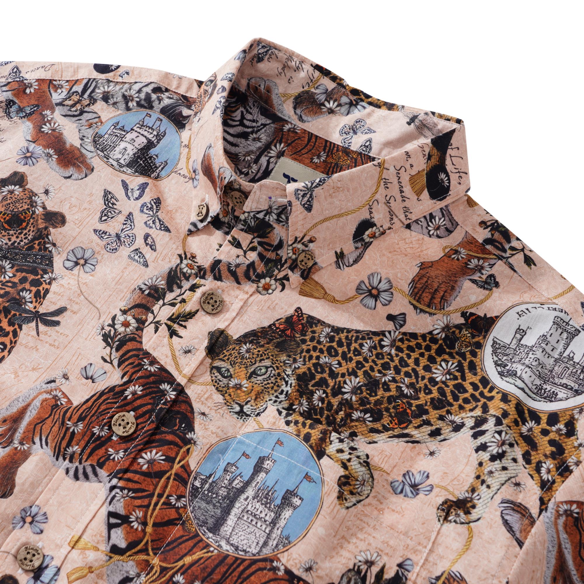 Men's Hawaiian Shirt Short Sleeve Button-down 100% Cotton Beige Aloha Wild Romance