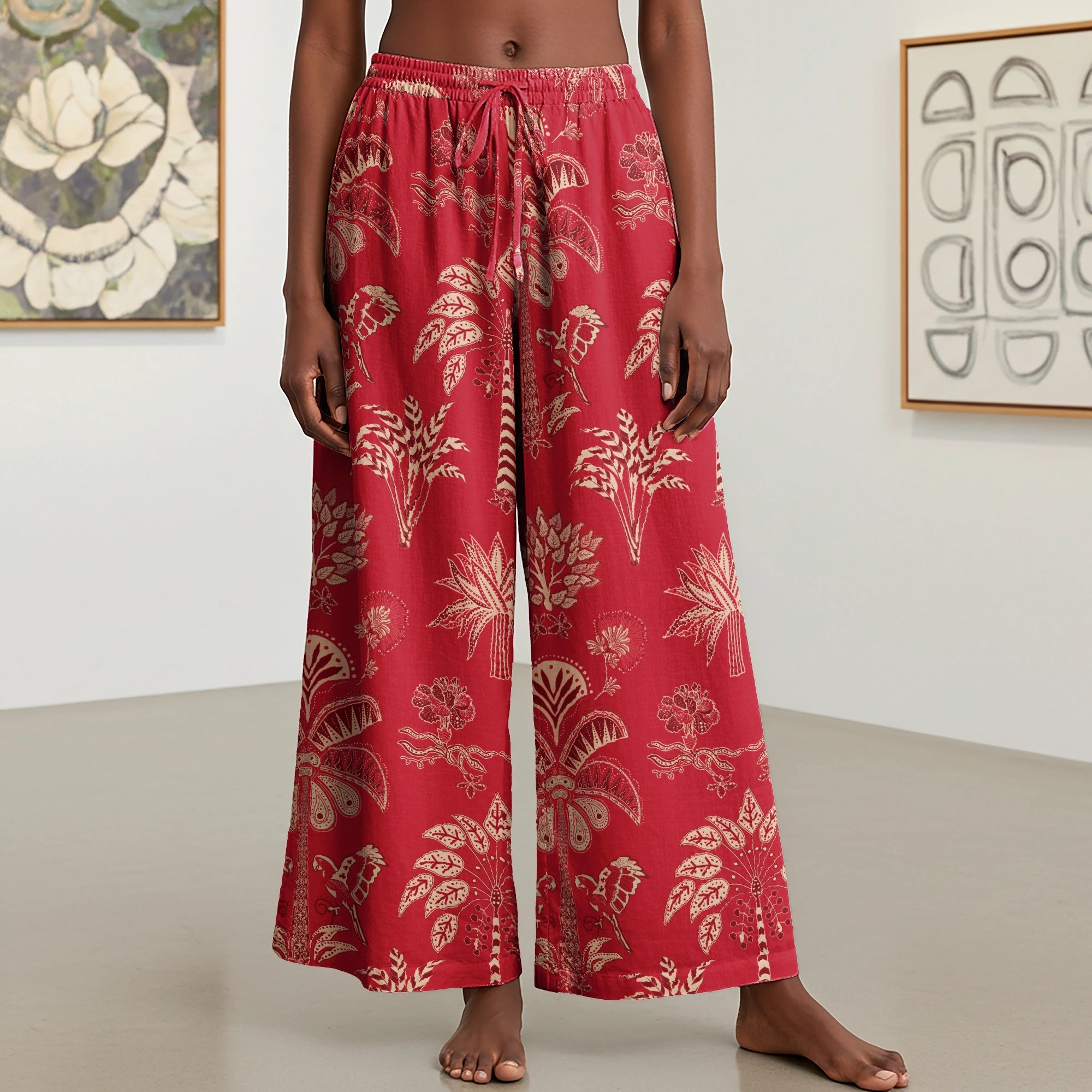 Women Casual Pants Lounge Elastic Waist Drawstring with Pockets 93% Lyocell, 7% Linen Red Aloha Retro Tropical Sparkle