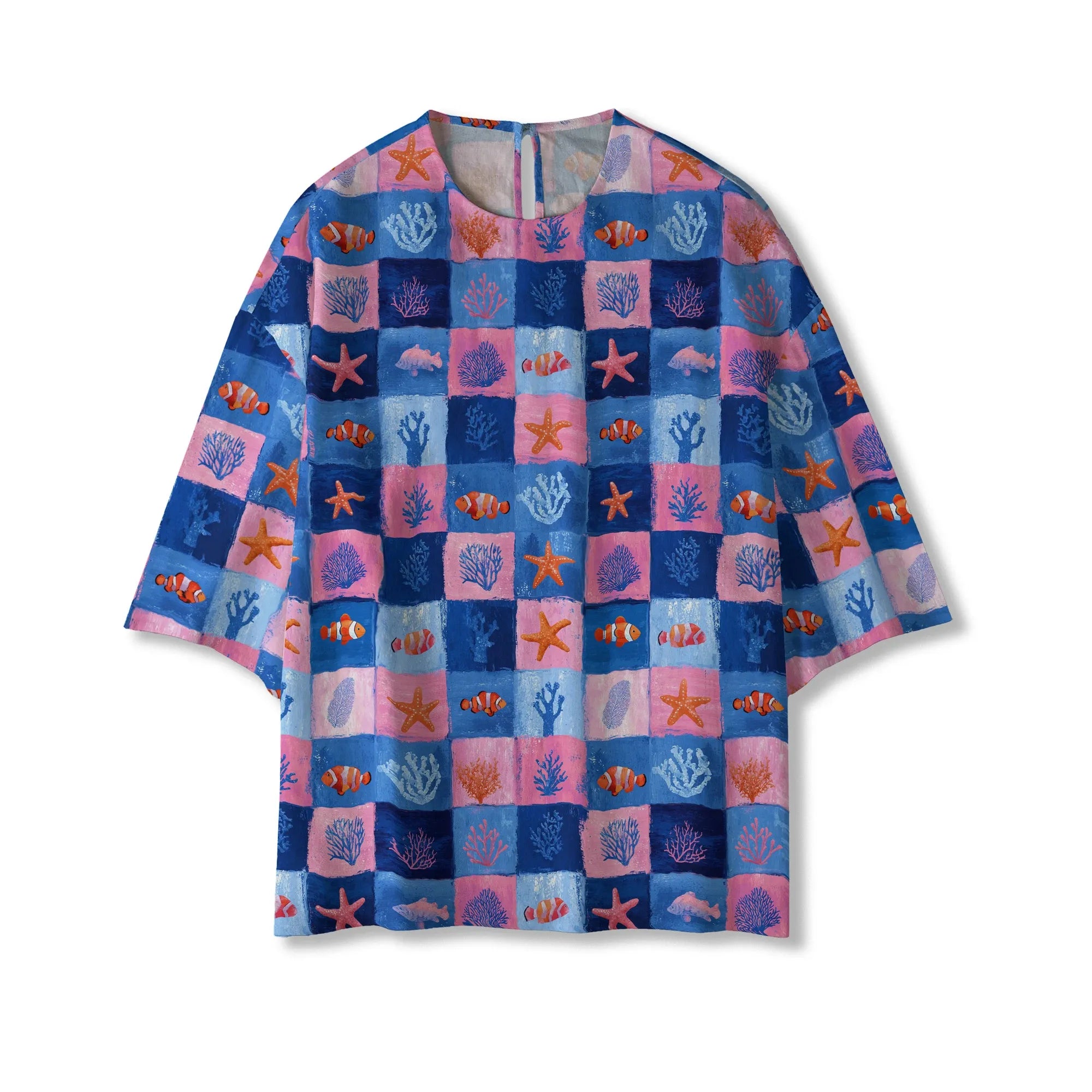Art-inspired women's blouse, blue plaid, coral and fish