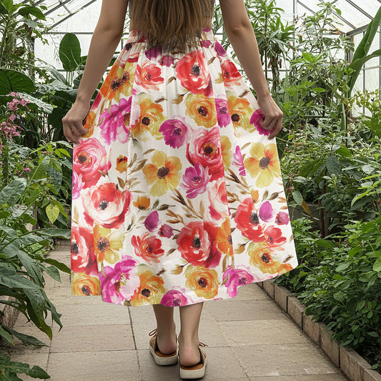 Women Casual Maxi Skirt Long Elastic Waist 100% Cotton Aloha Blossoming Charm In Full Bloom