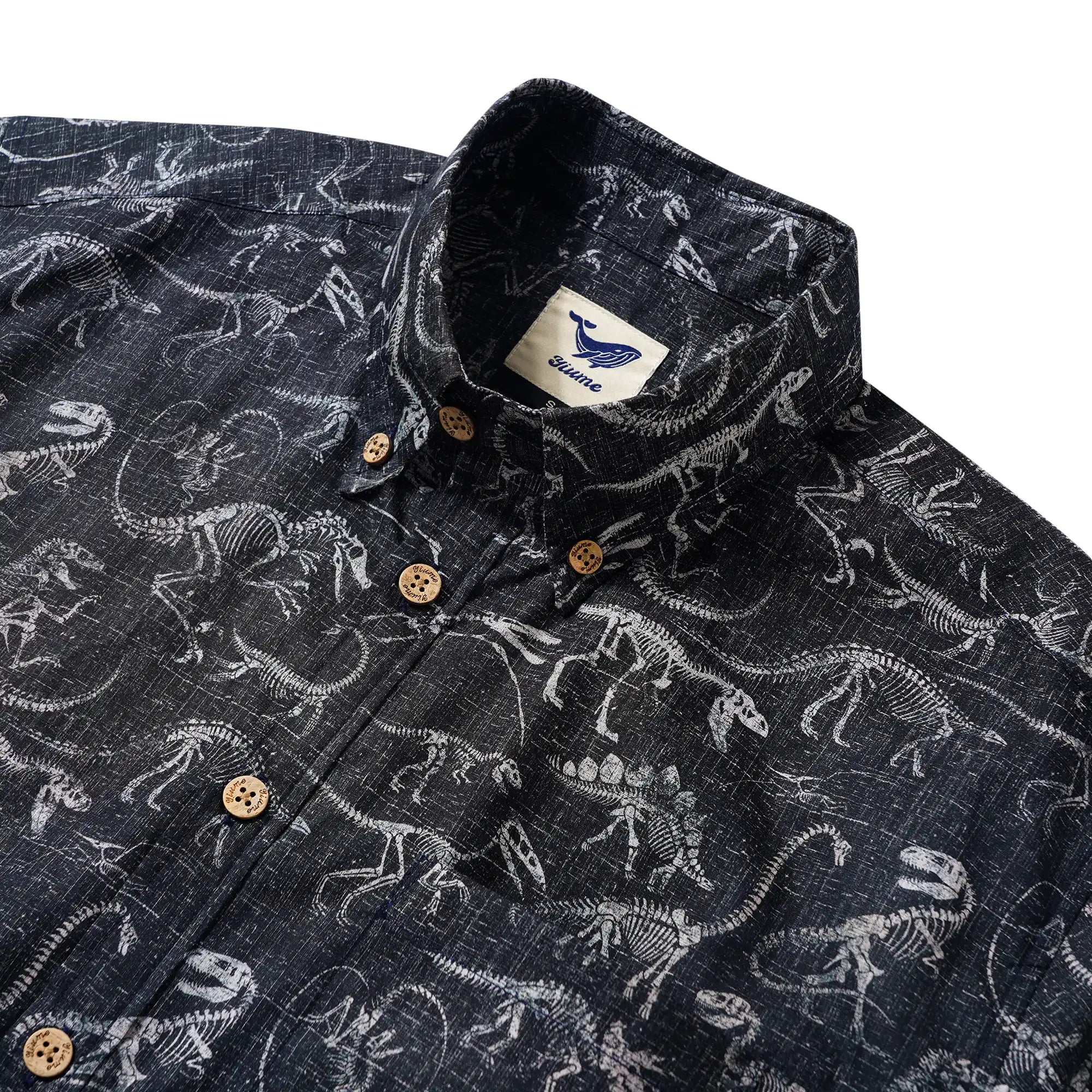Men's Hawaiian Shirt Short Sleeve Button-down 100% Cotton Black Aloha Dinosaur Fossil Imprint