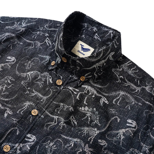 Men's Hawaiian Shirt Short Sleeve Button-down 100% Cotton Black Aloha Dinosaur Fossil Imprint